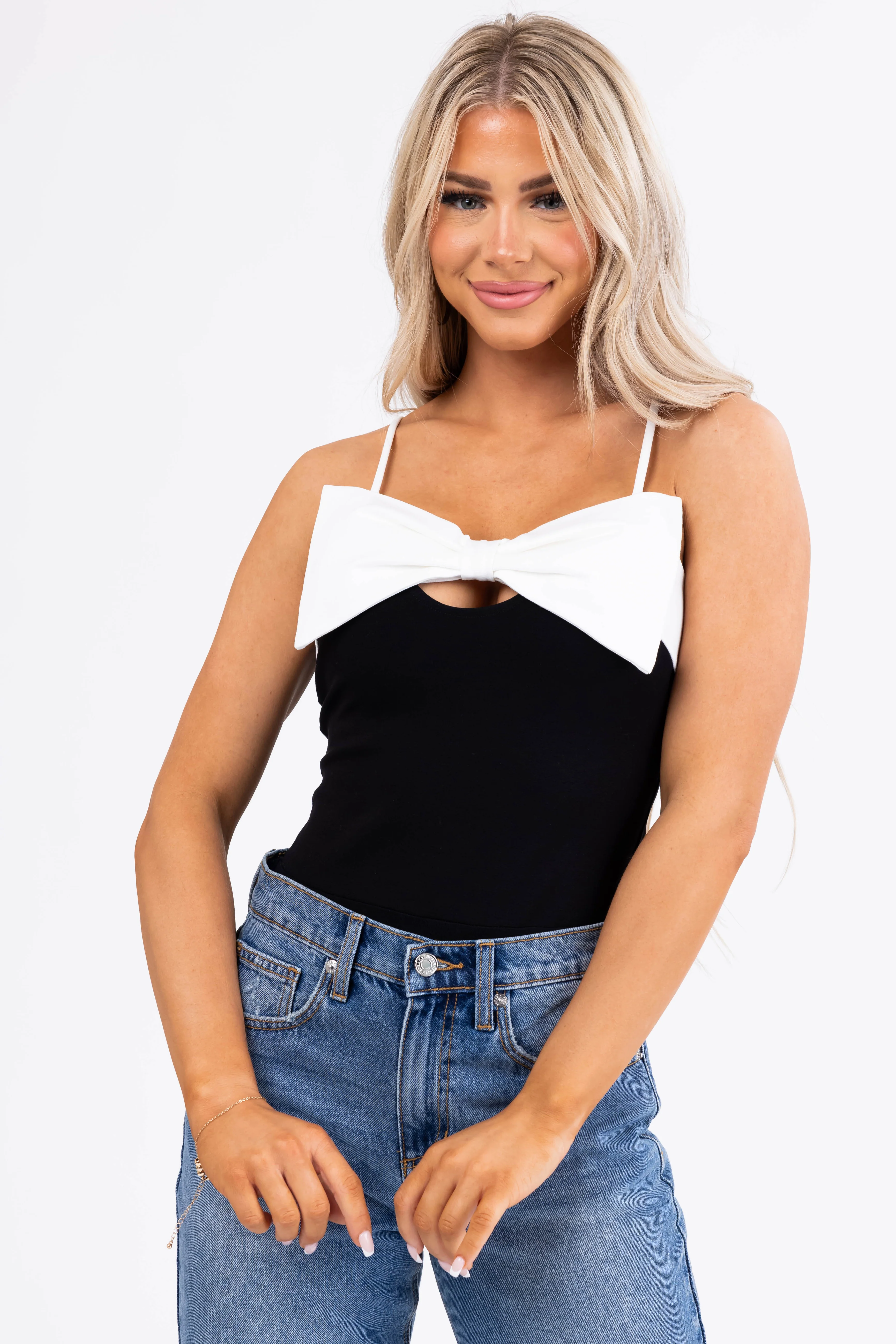 Black Spaghetti Strap Bodysuit with White Bow - LD SALE