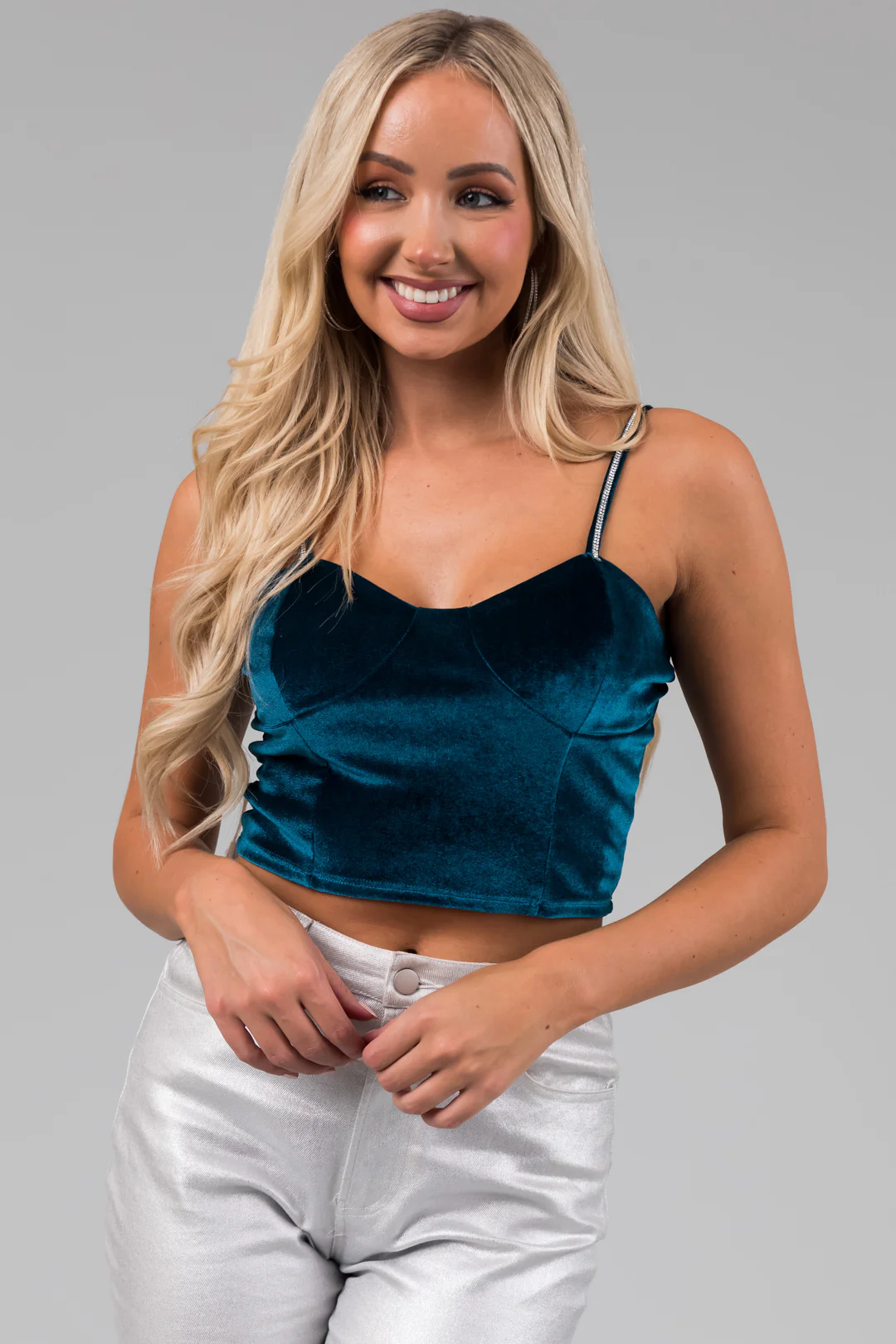 Teal Rhinestone Strap Velvet Bustier Crop Top - LD SALE