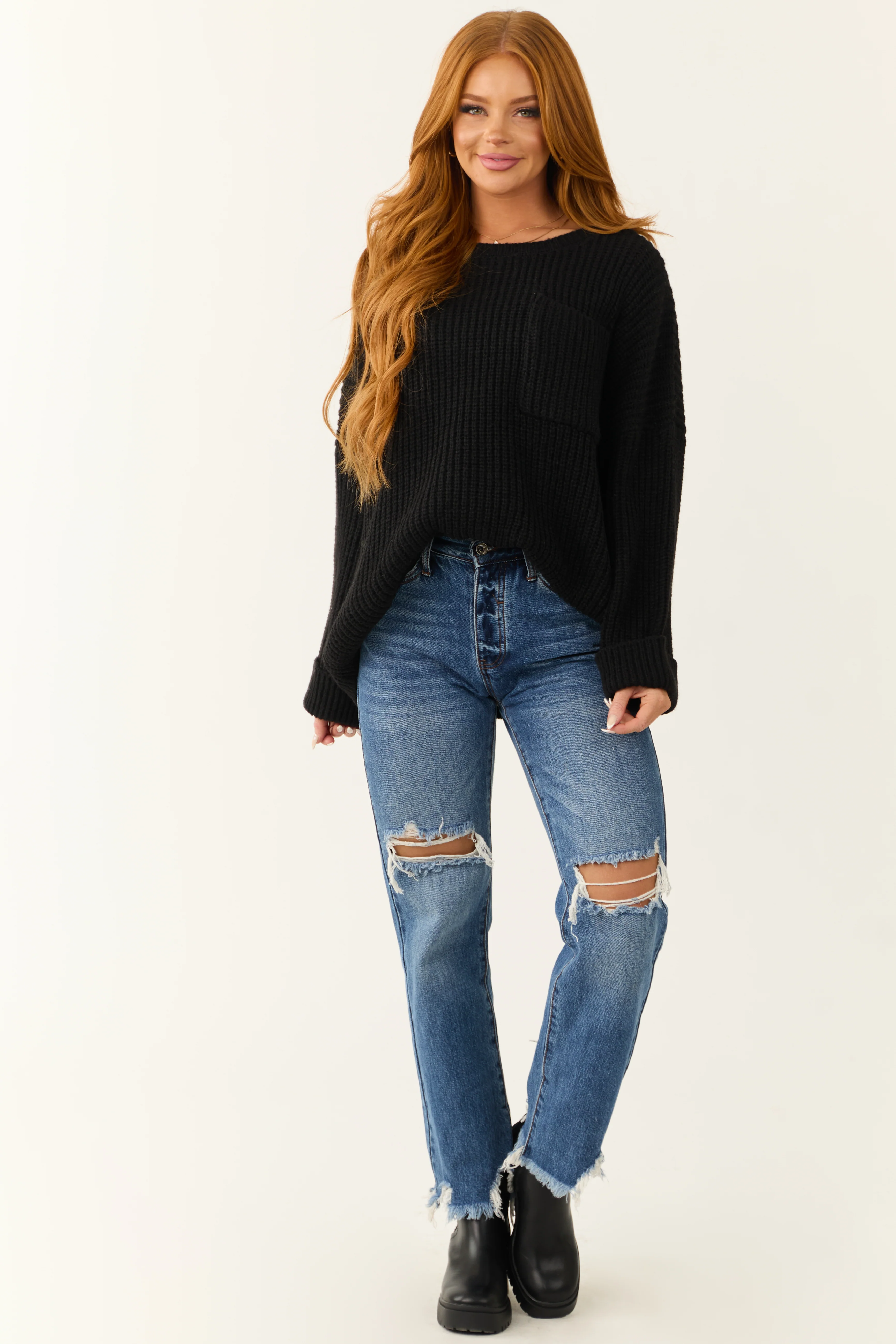 Black Oversized Chest Pocket Cozy Sweater - LD SALE