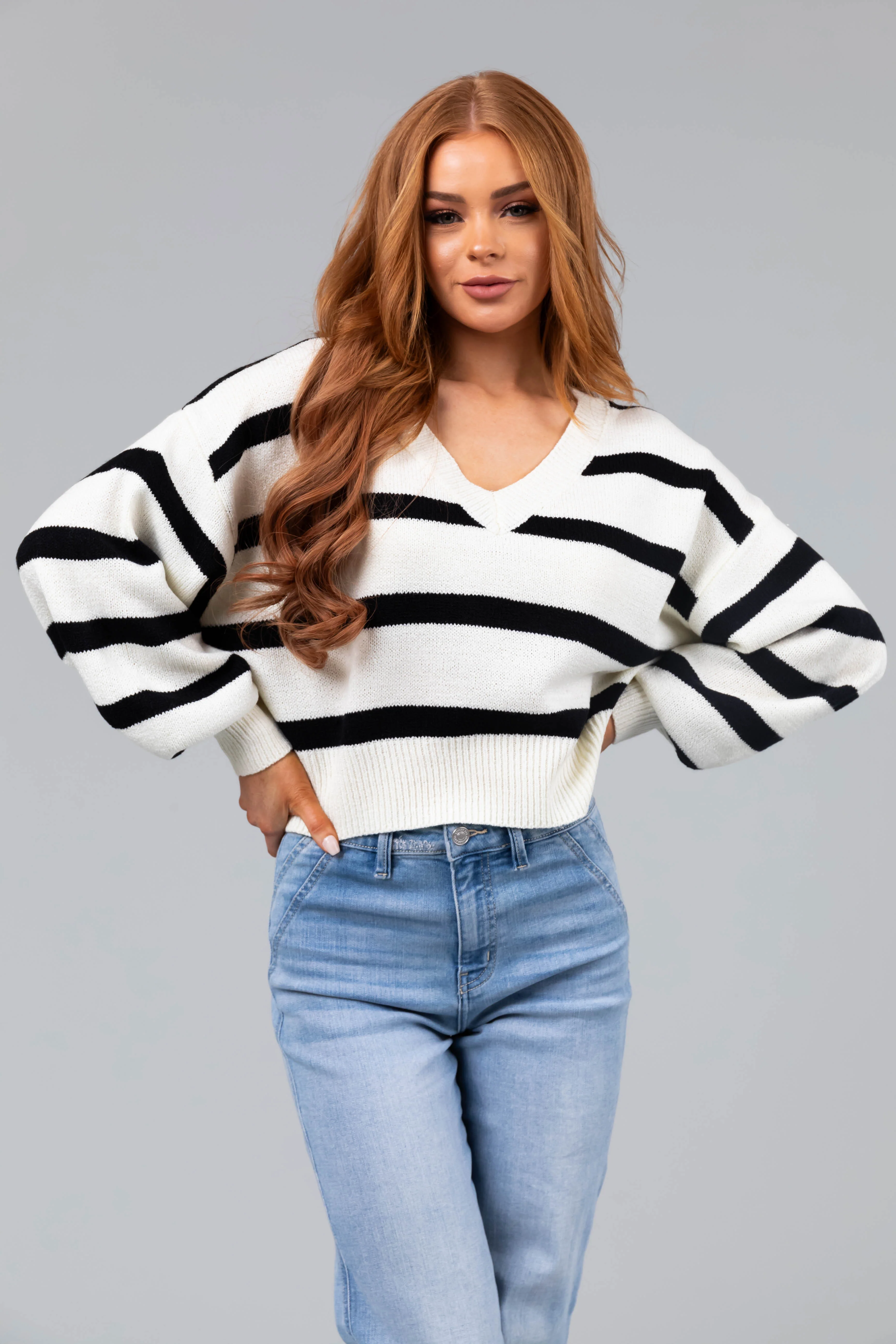 Ivory Striped V Neck Bubble Sleeve Sweater - LD SALE