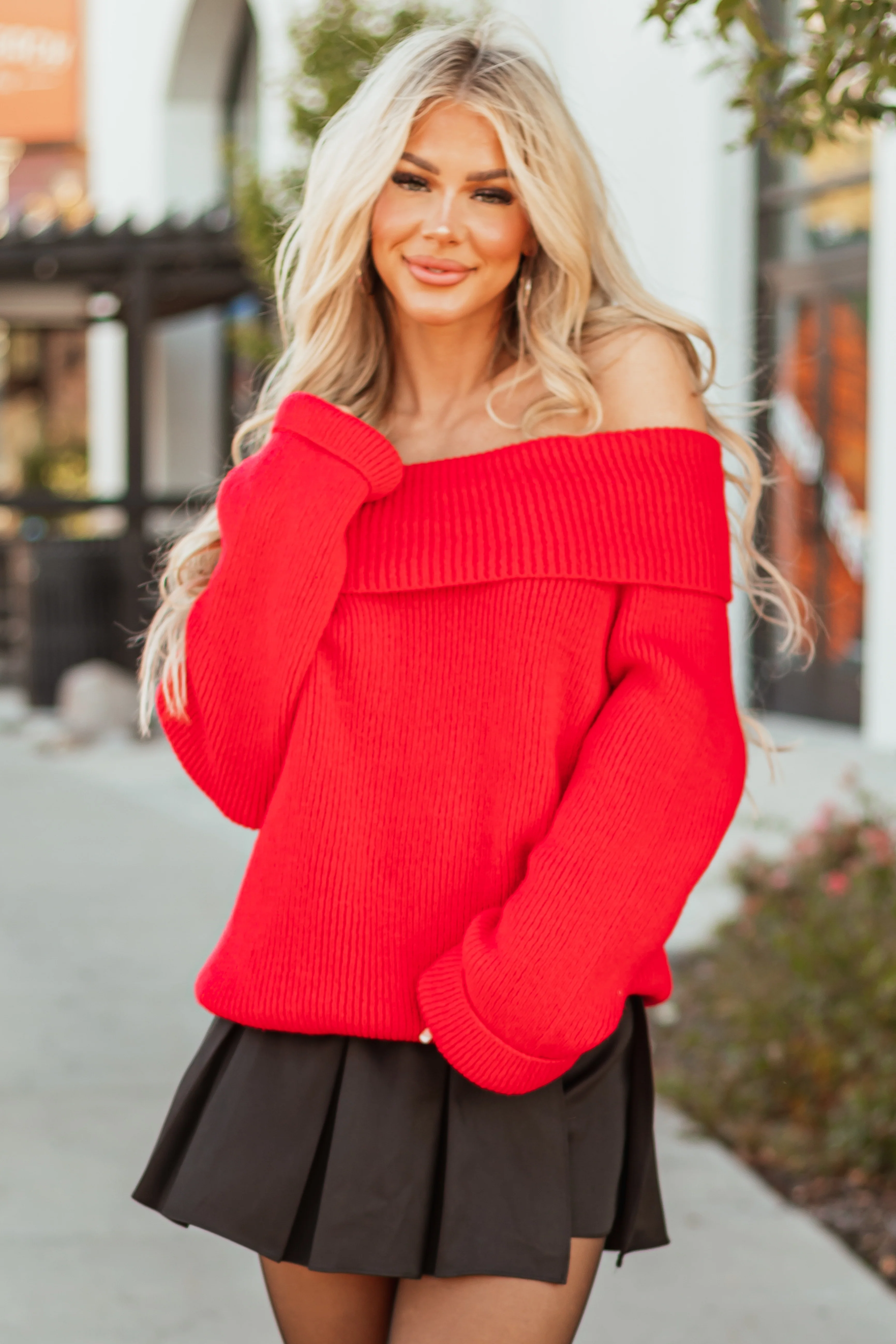 Lipstick Ribbed Knit Off Shoulder Oversized Sweater - LD SALE