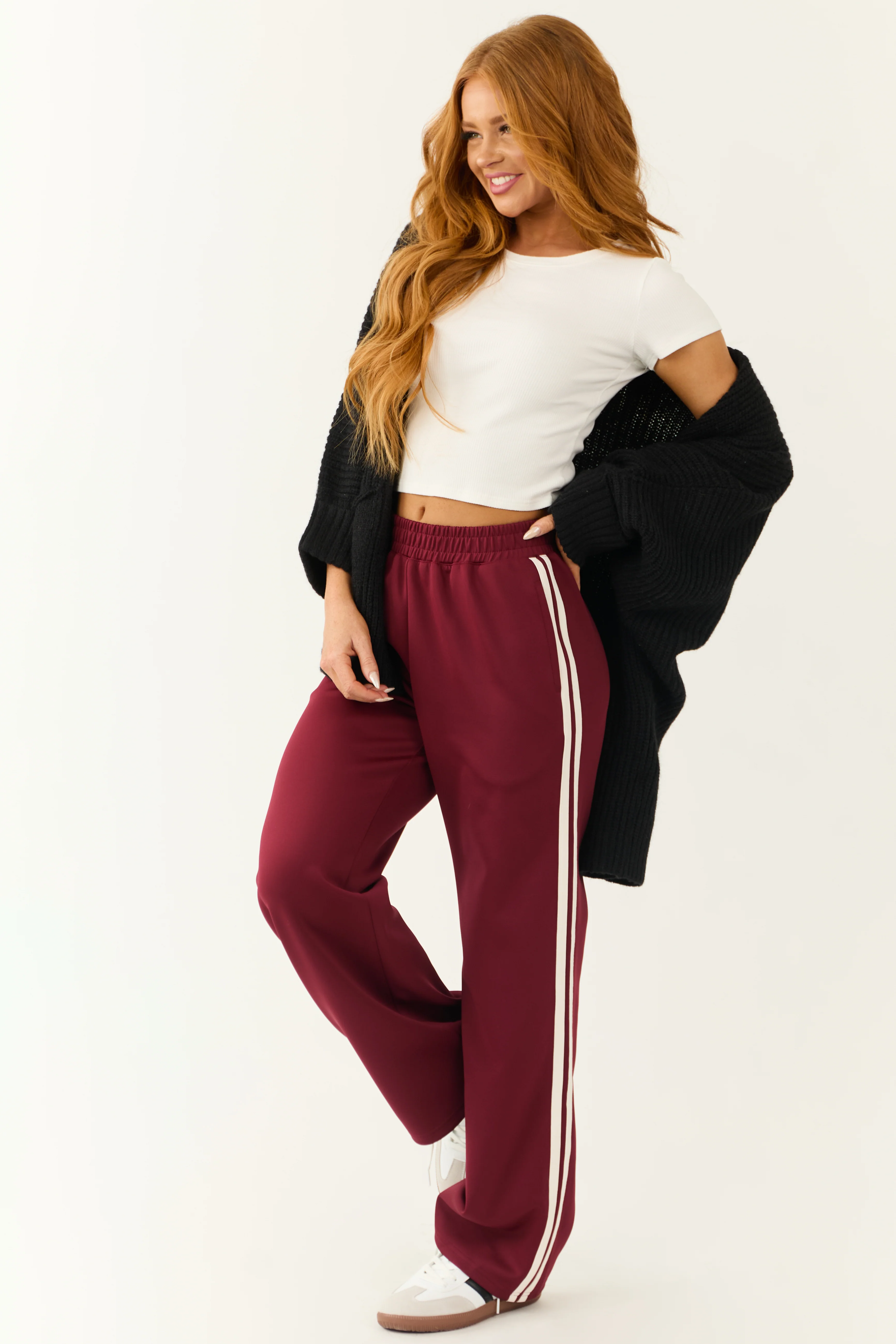 Burgundy Wide Leg Side Stripe Detail Track Pants - LD SALE