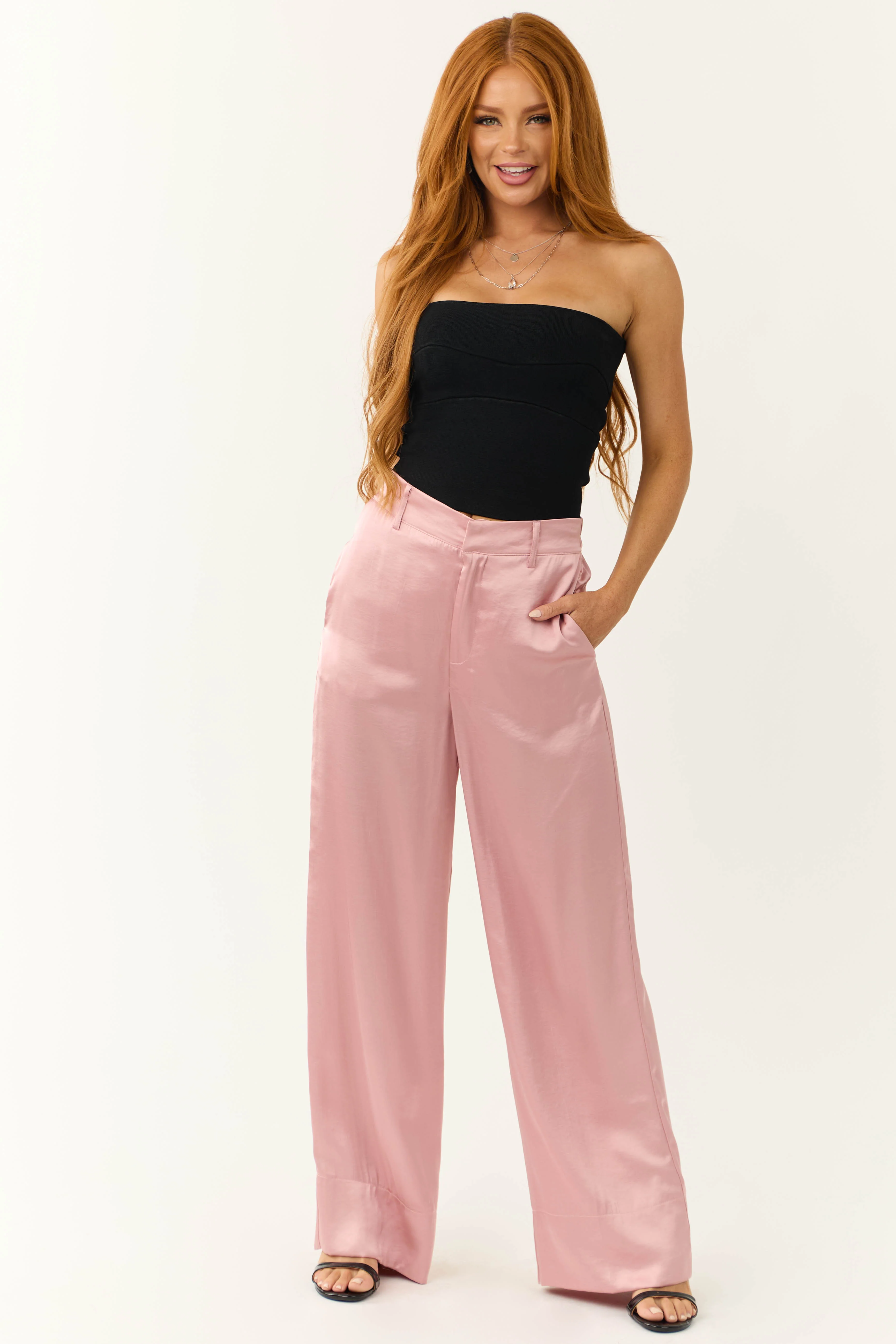 Dusty Blush Satin High Waist Wide Leg Pants - LD SALE