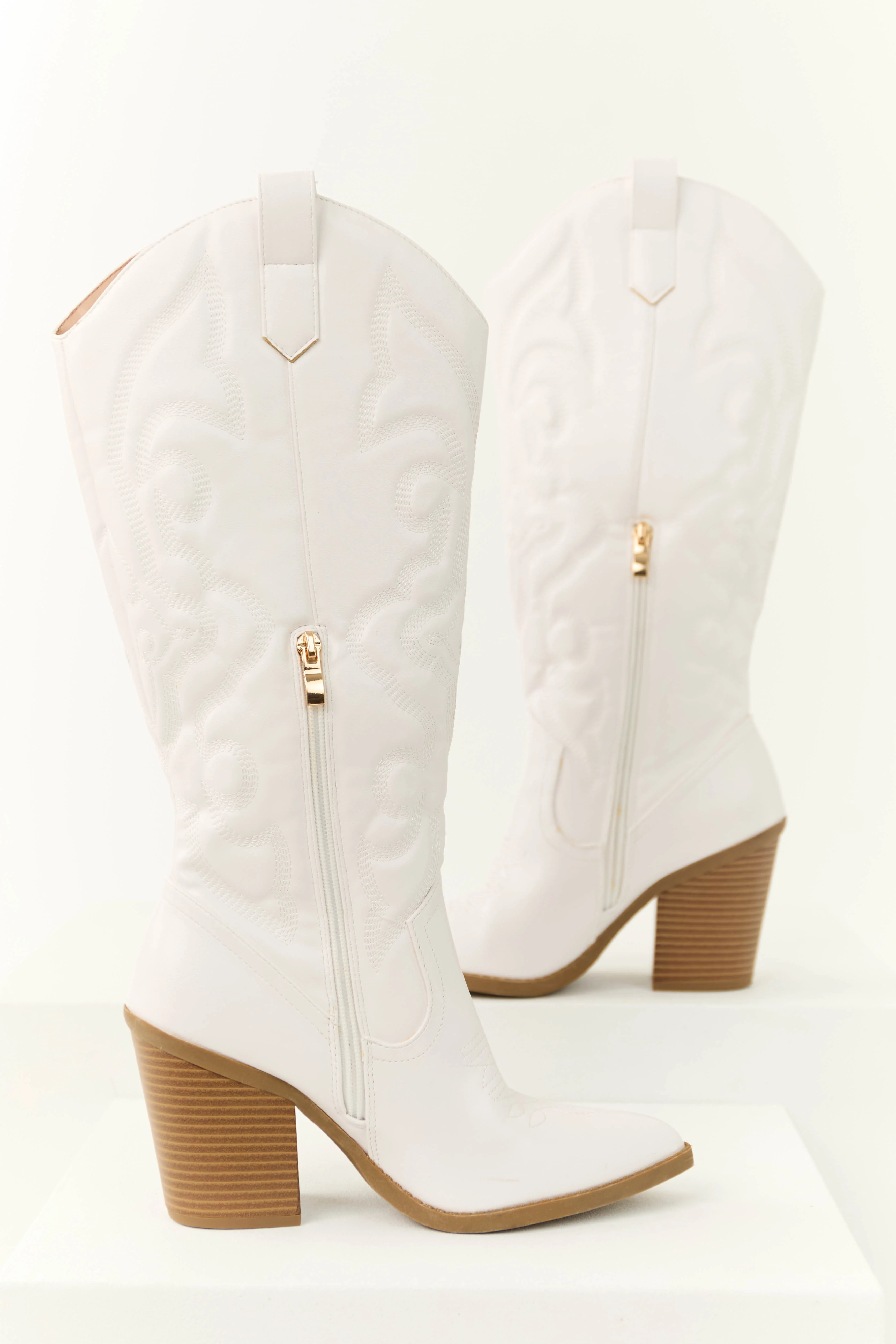 Pearl White Faux Leather Embroidered Western Boots - LD SALE