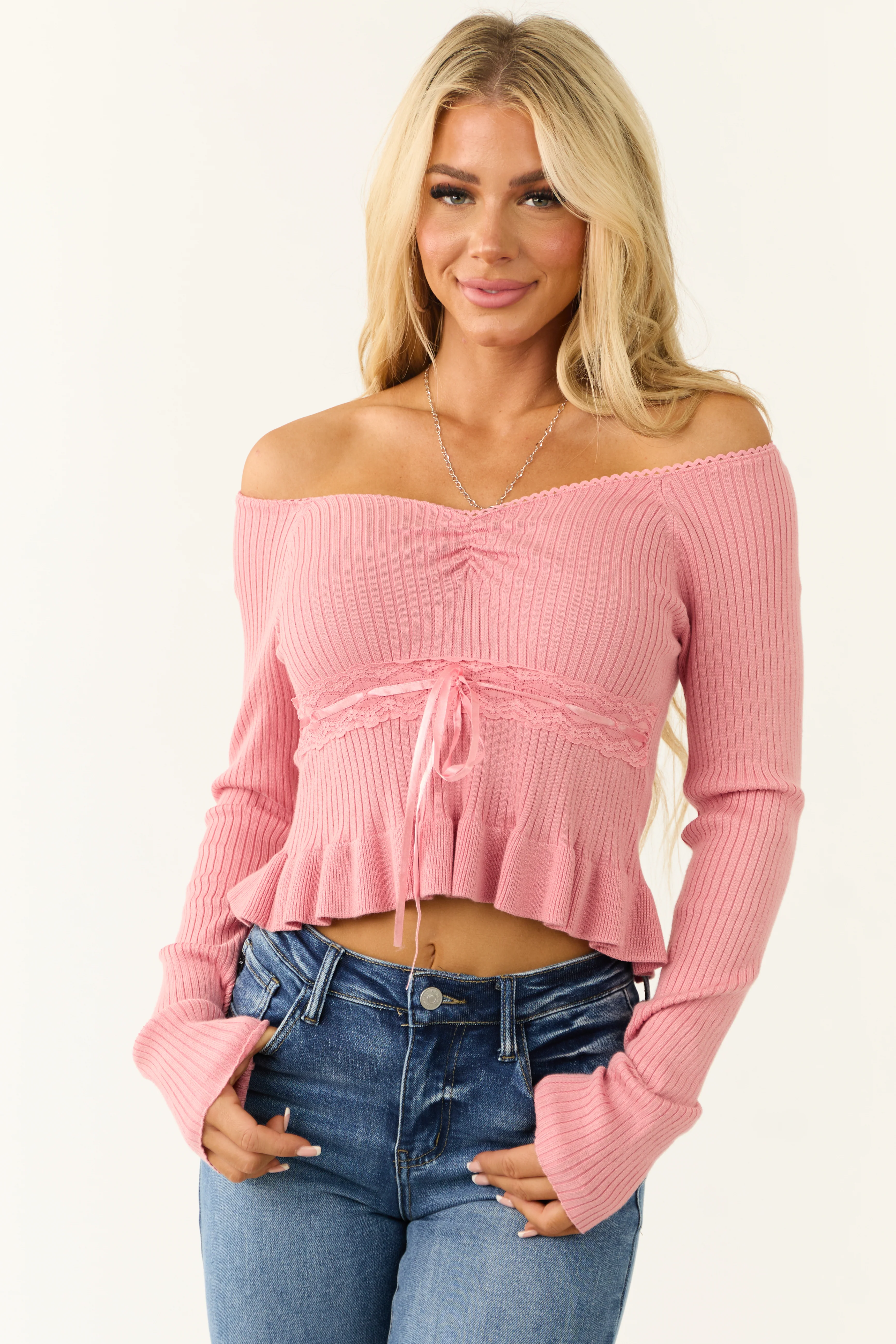 Punch Off the Shoulder Ribbon Detail Crop Top - LD SALE