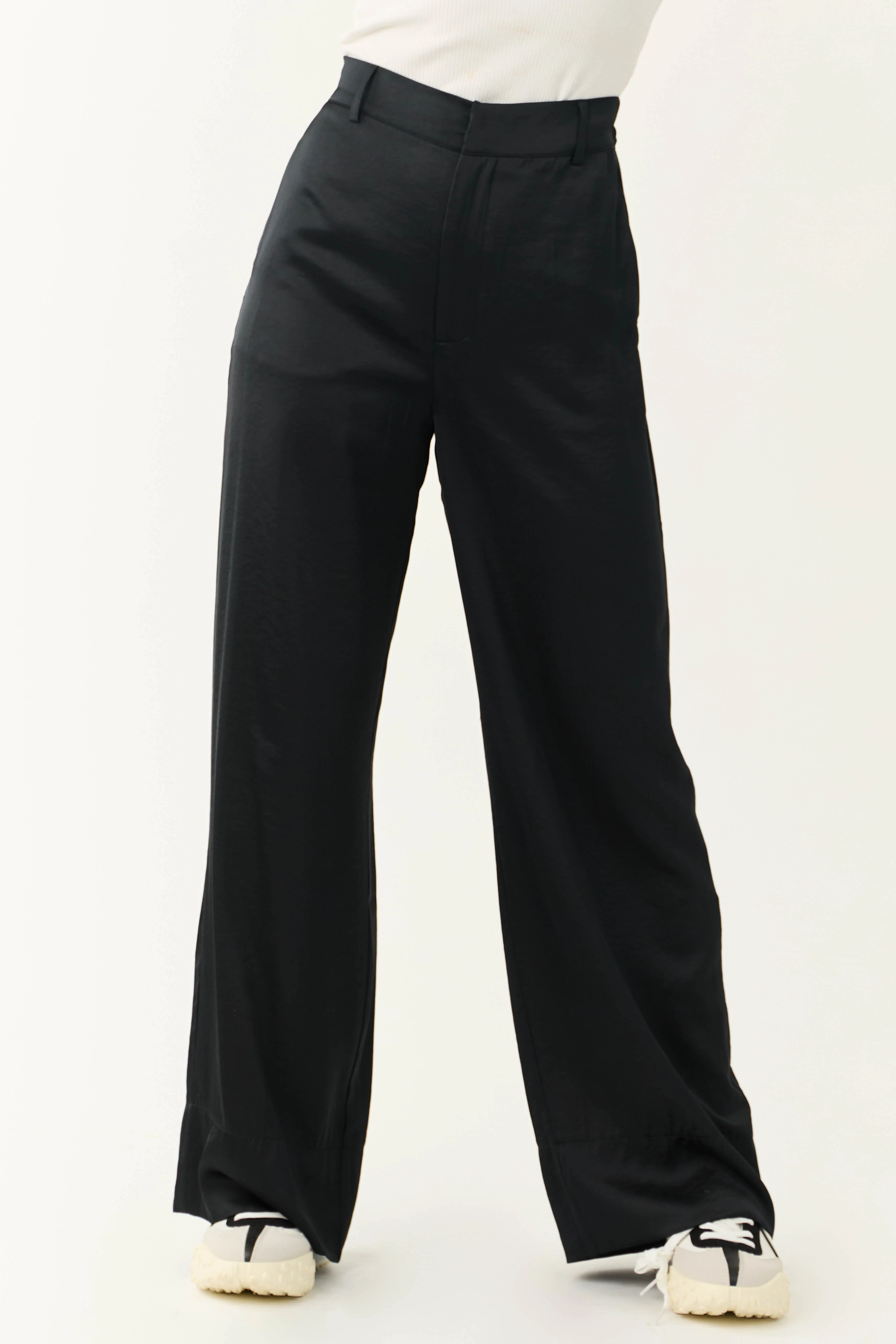 Black Satin High Waist Wide Leg Pants - LD SALE