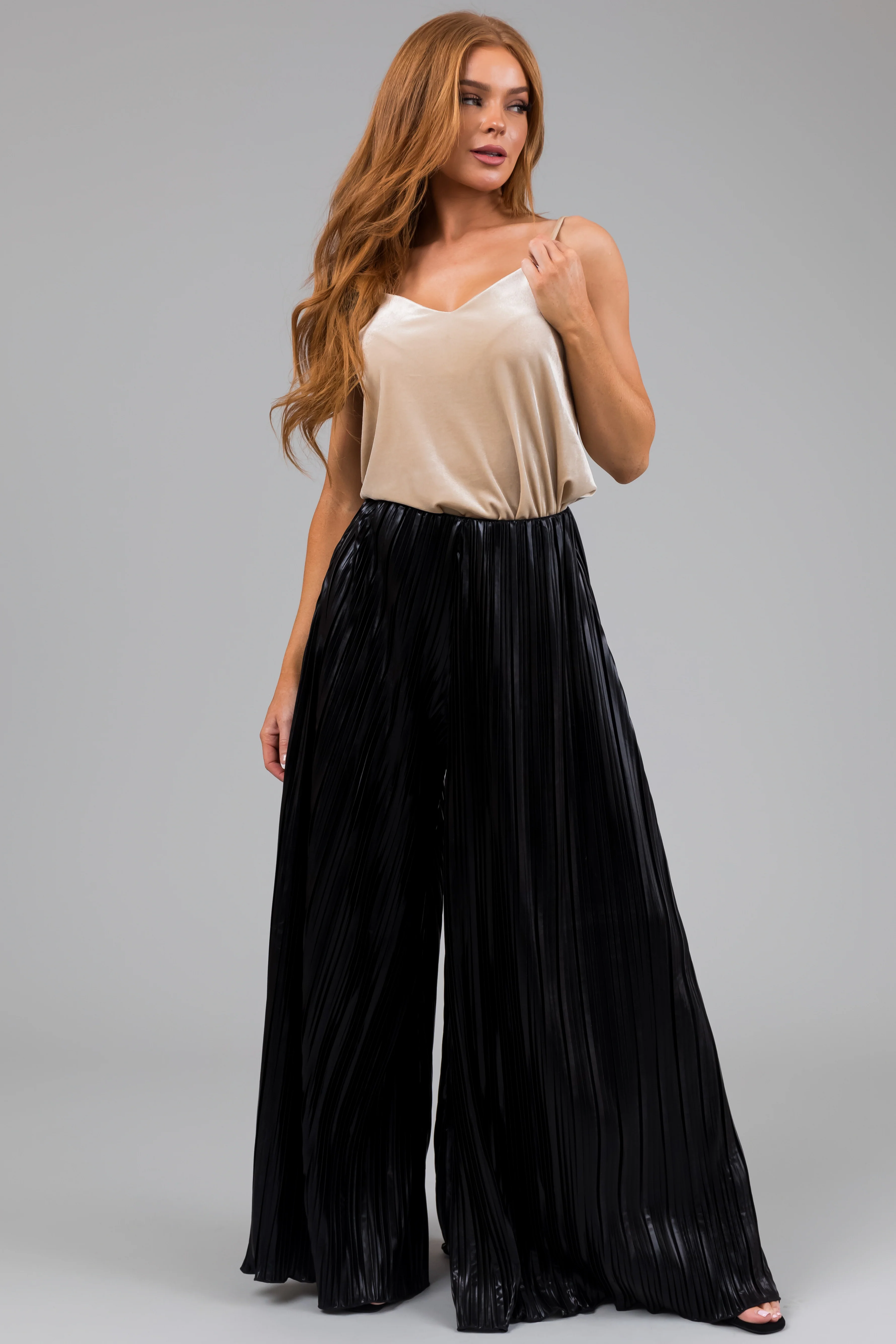 Black Metallic Pleated Flare High Waist Pants - LD SALE