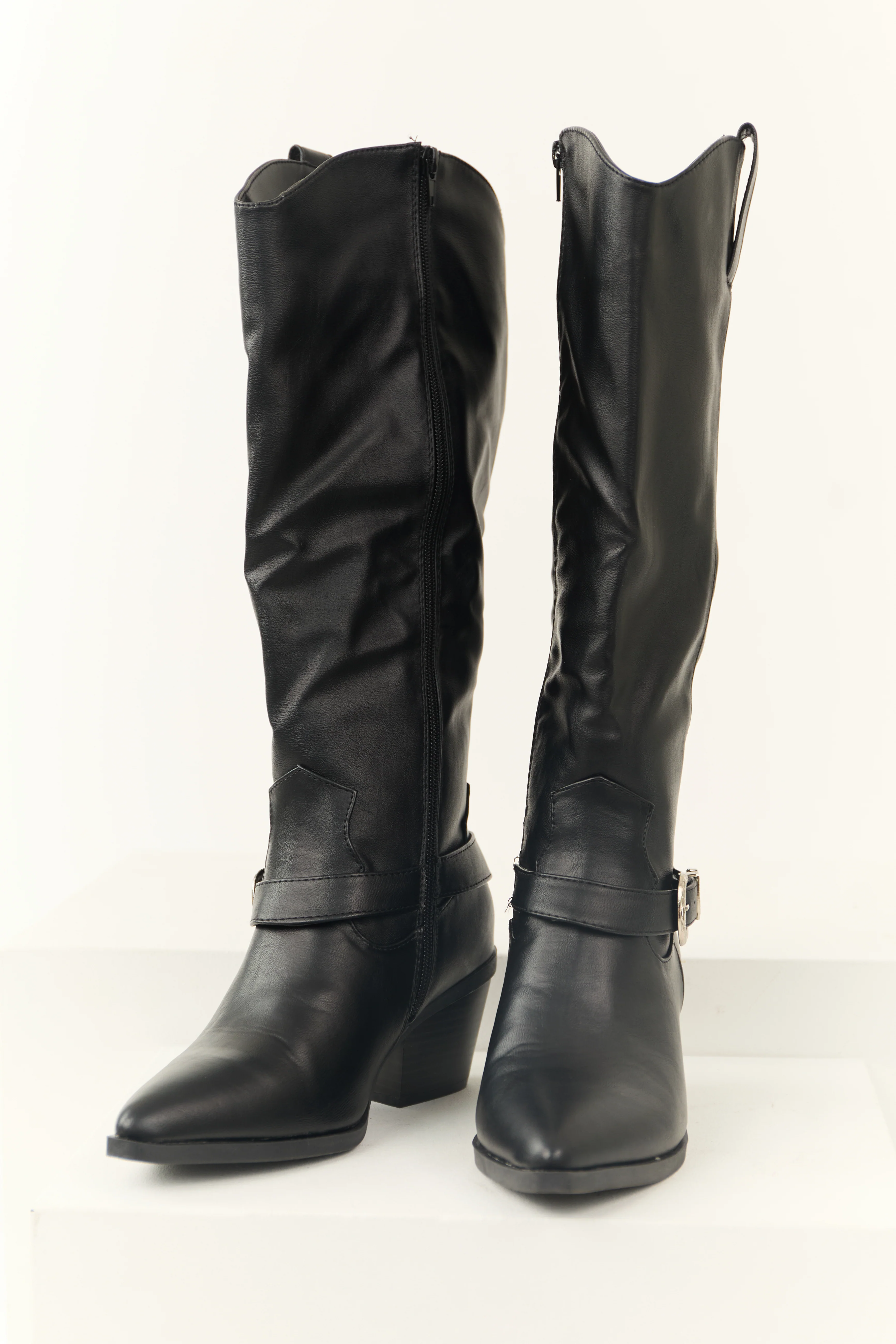 Black Faux Leather Pointed Toe Buckle Boot - LD SALE