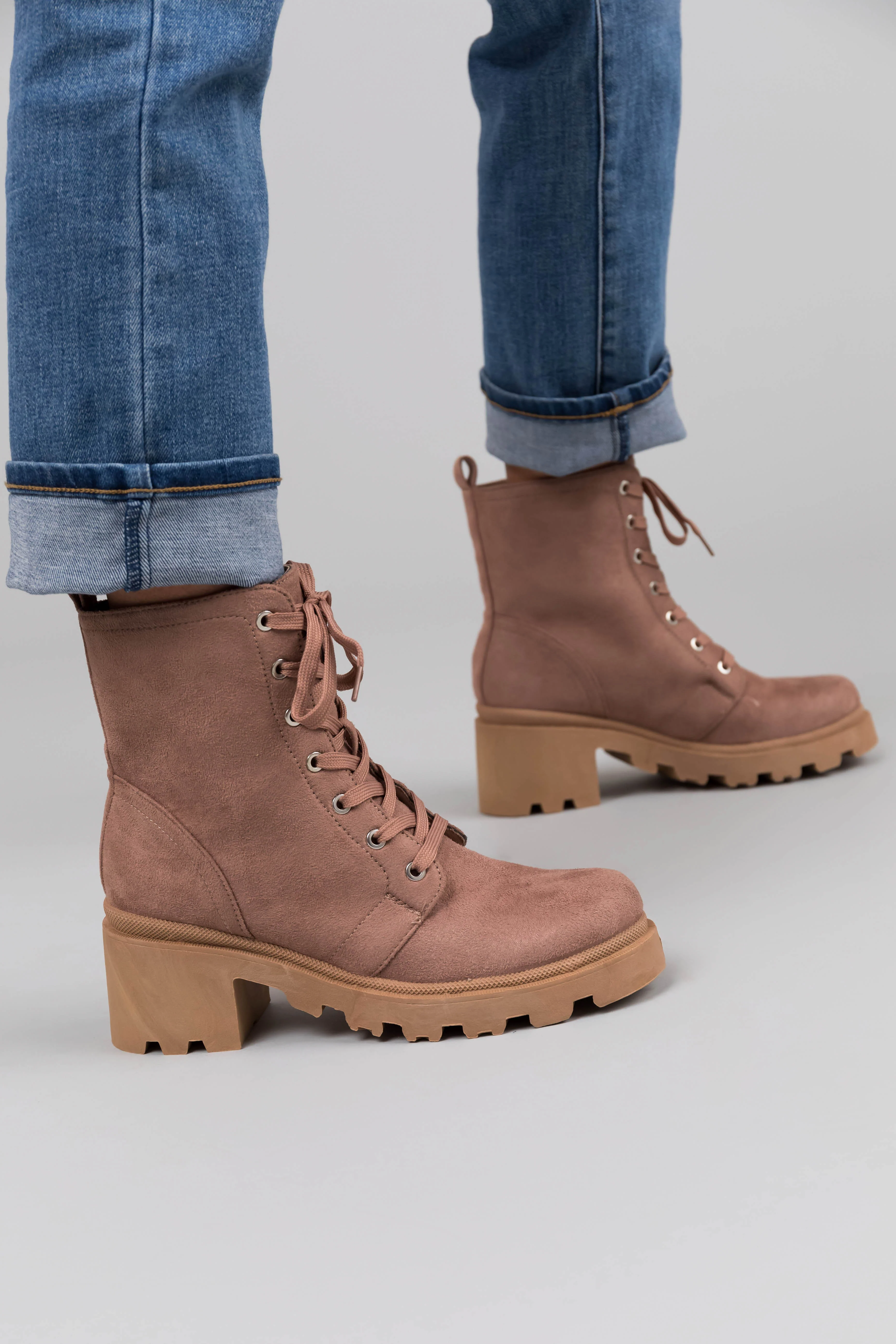 Rose Taupe Suede Lace Up Combat Boot - LD SALE
