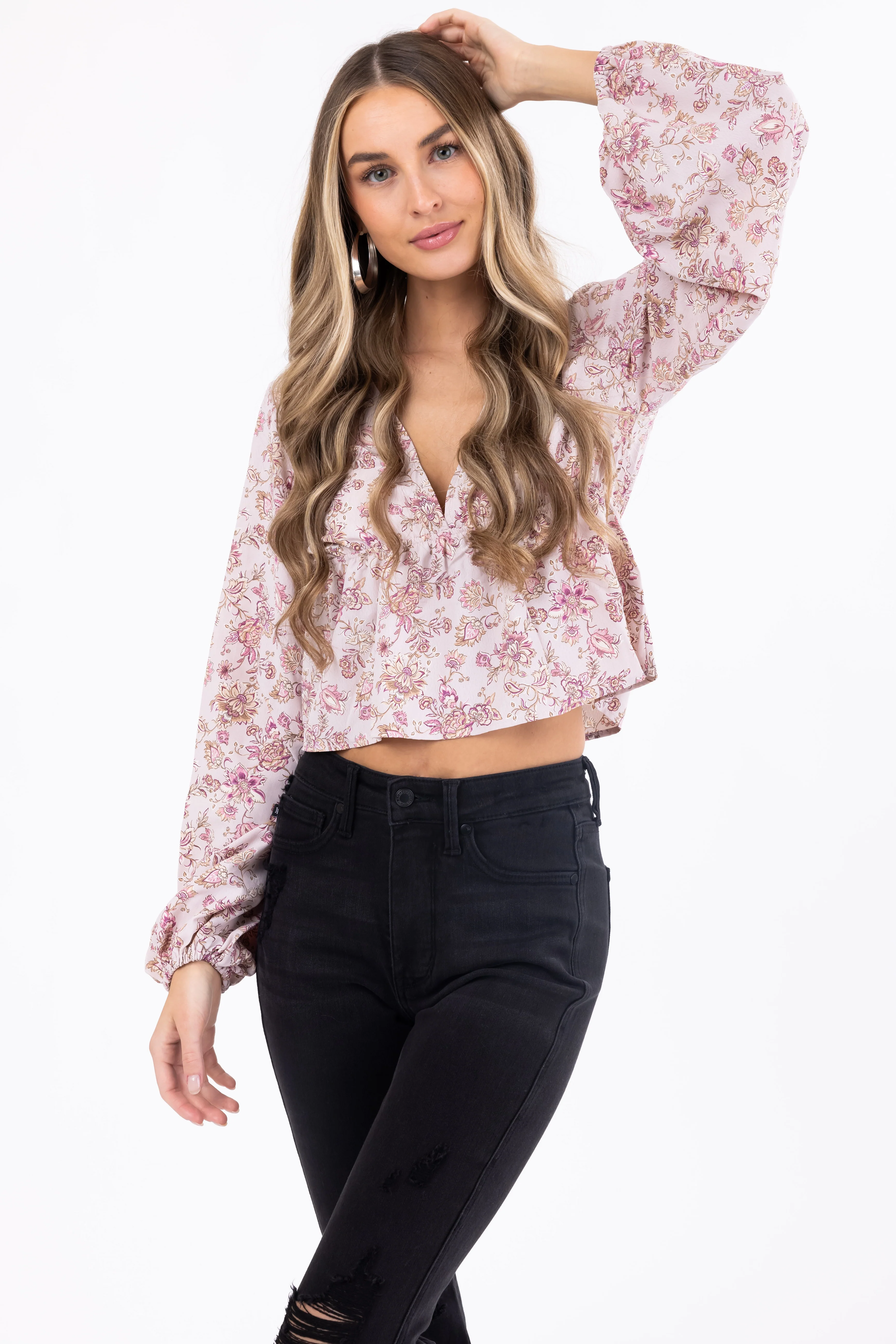Dusty Blush Floral Print V Neck Long Sleeve Top - LD SALE