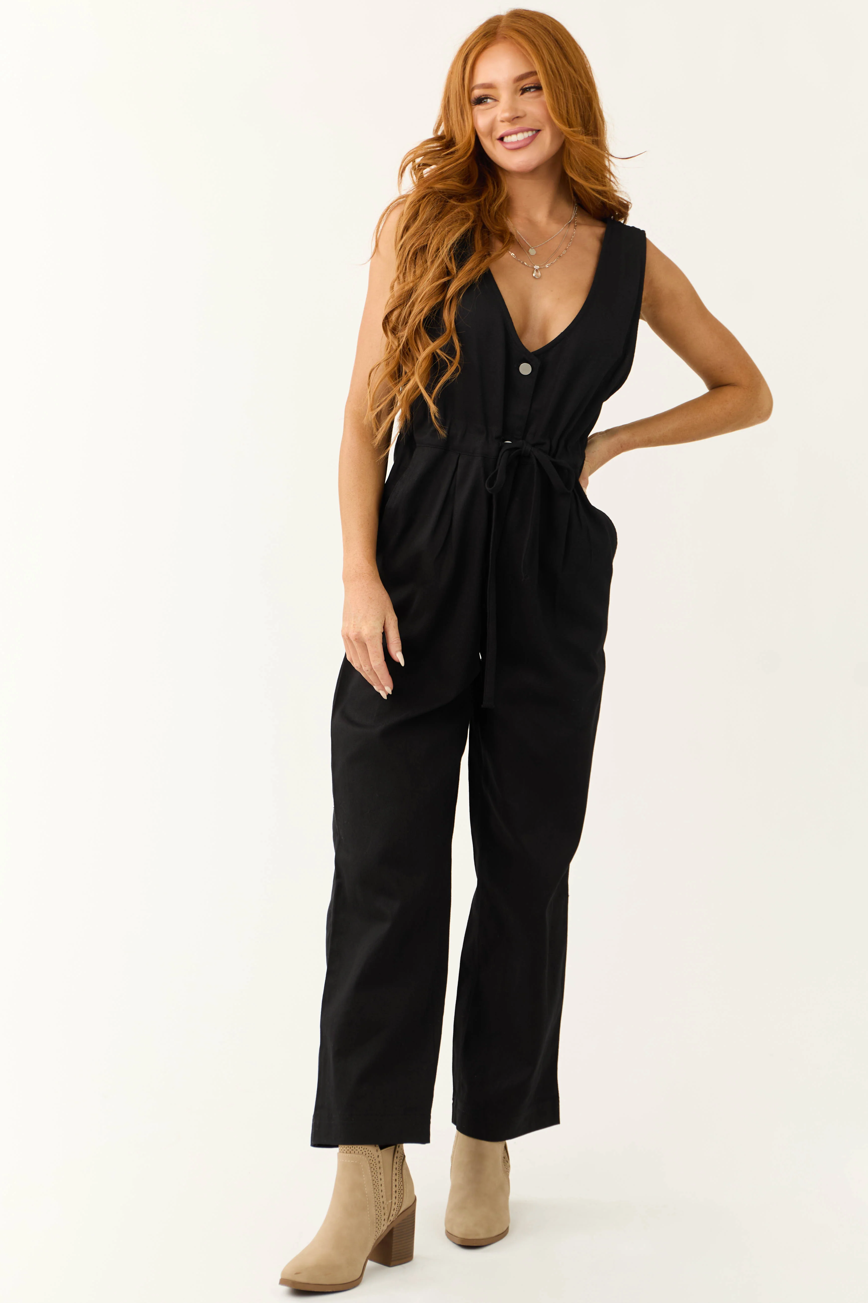 Black Sleeveless Deep V Neck Denim Jumpsuit - LD SALE