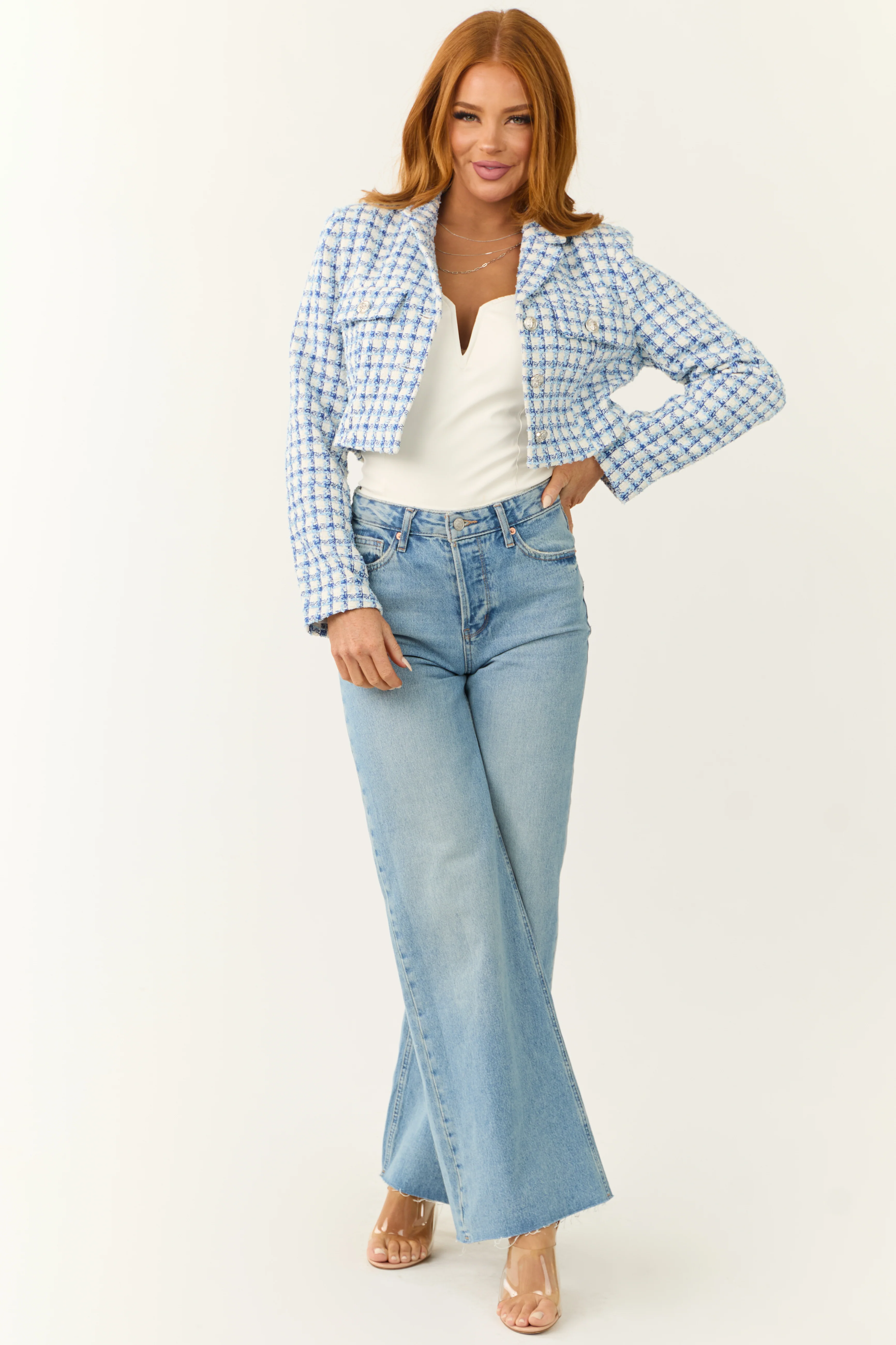 Sky Blue Tweed Plaid Button Down Cropped Jacket - LD SALE