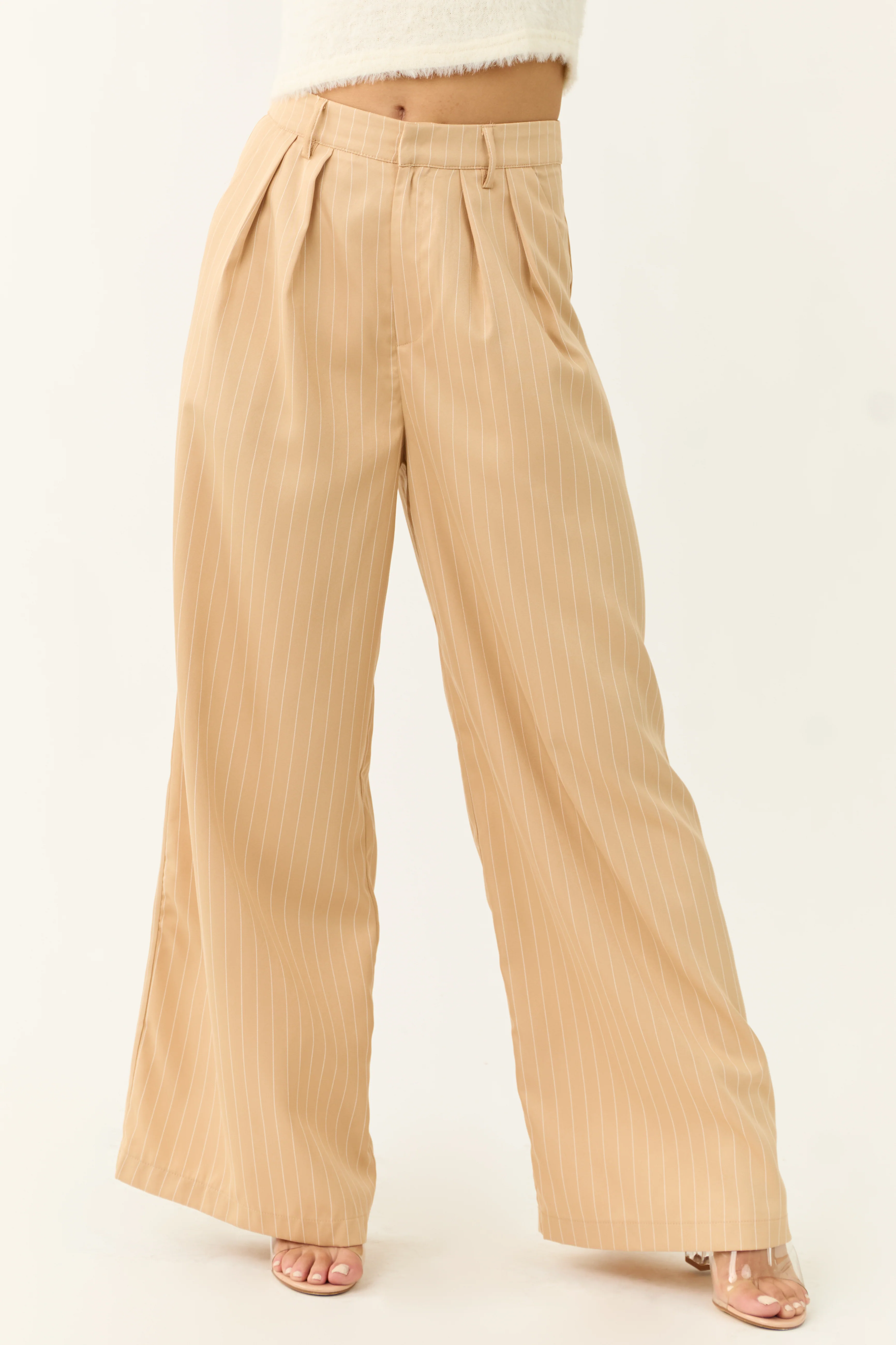 Beige Vertical Pin Stripe Wide Leg Pants - LD SALE