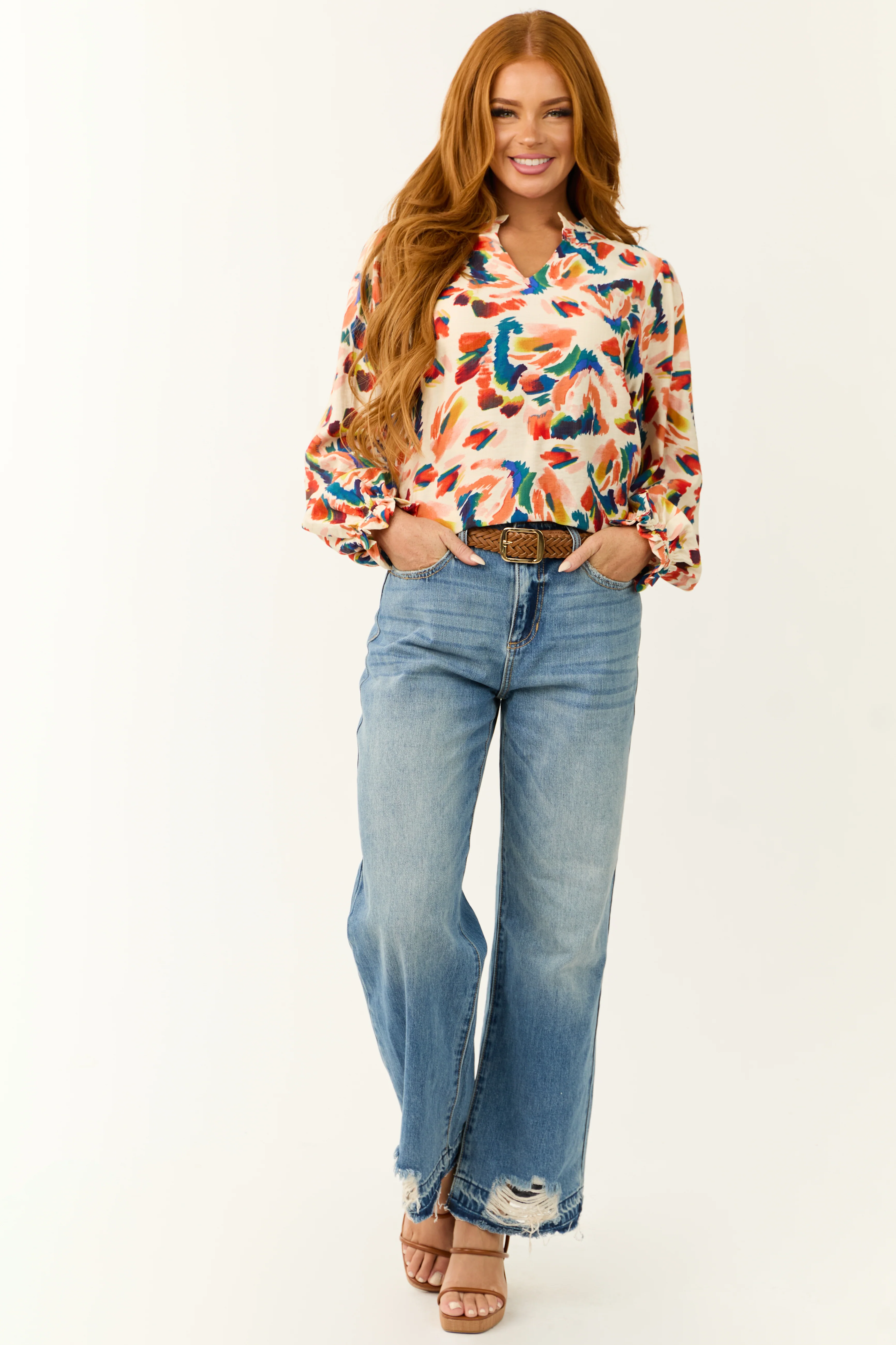 Cream Abstract Print Long Sleeve Frill Top - LD SALE