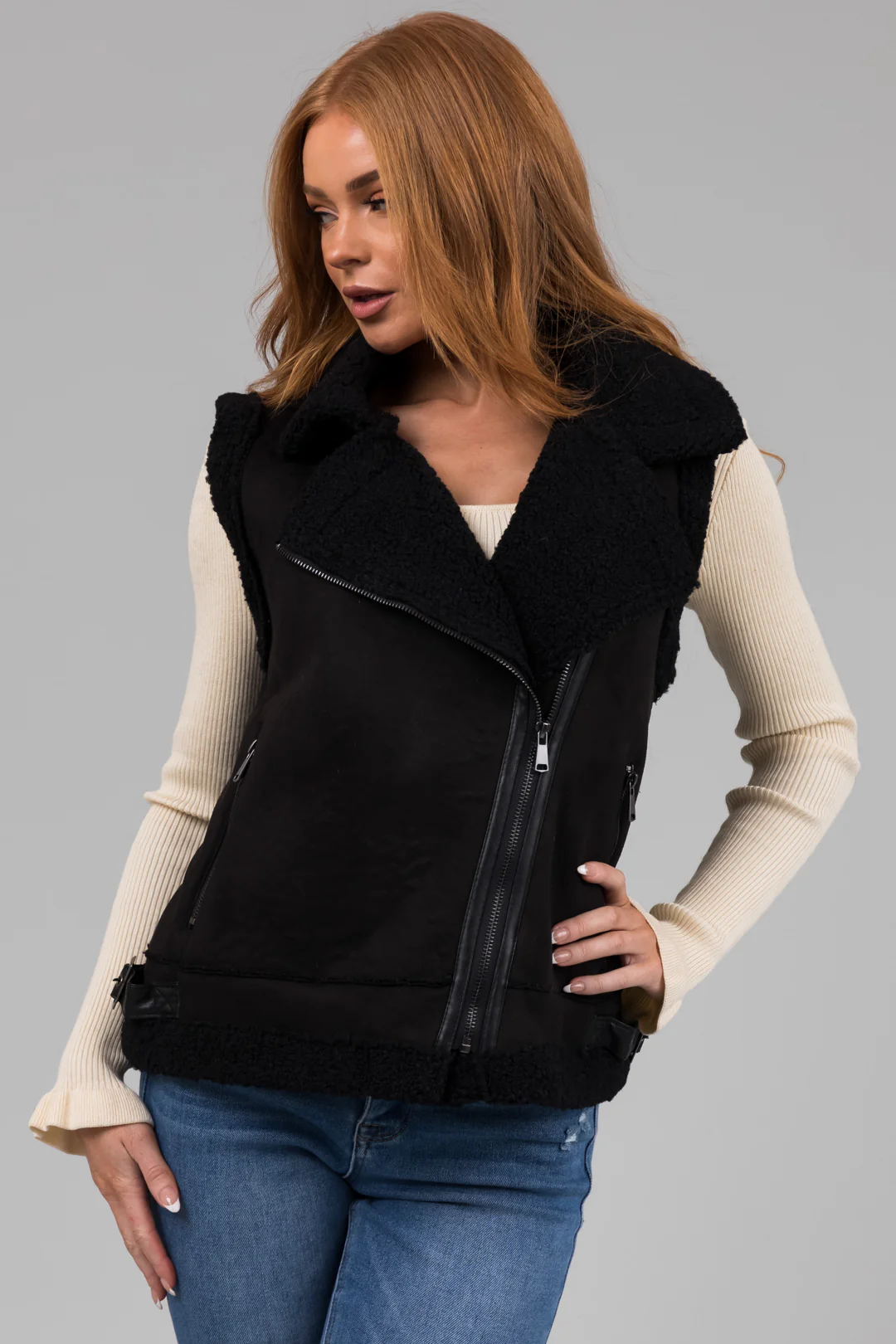 Black Suede and Faux Fur Slant Zipper Vest - LD SALE