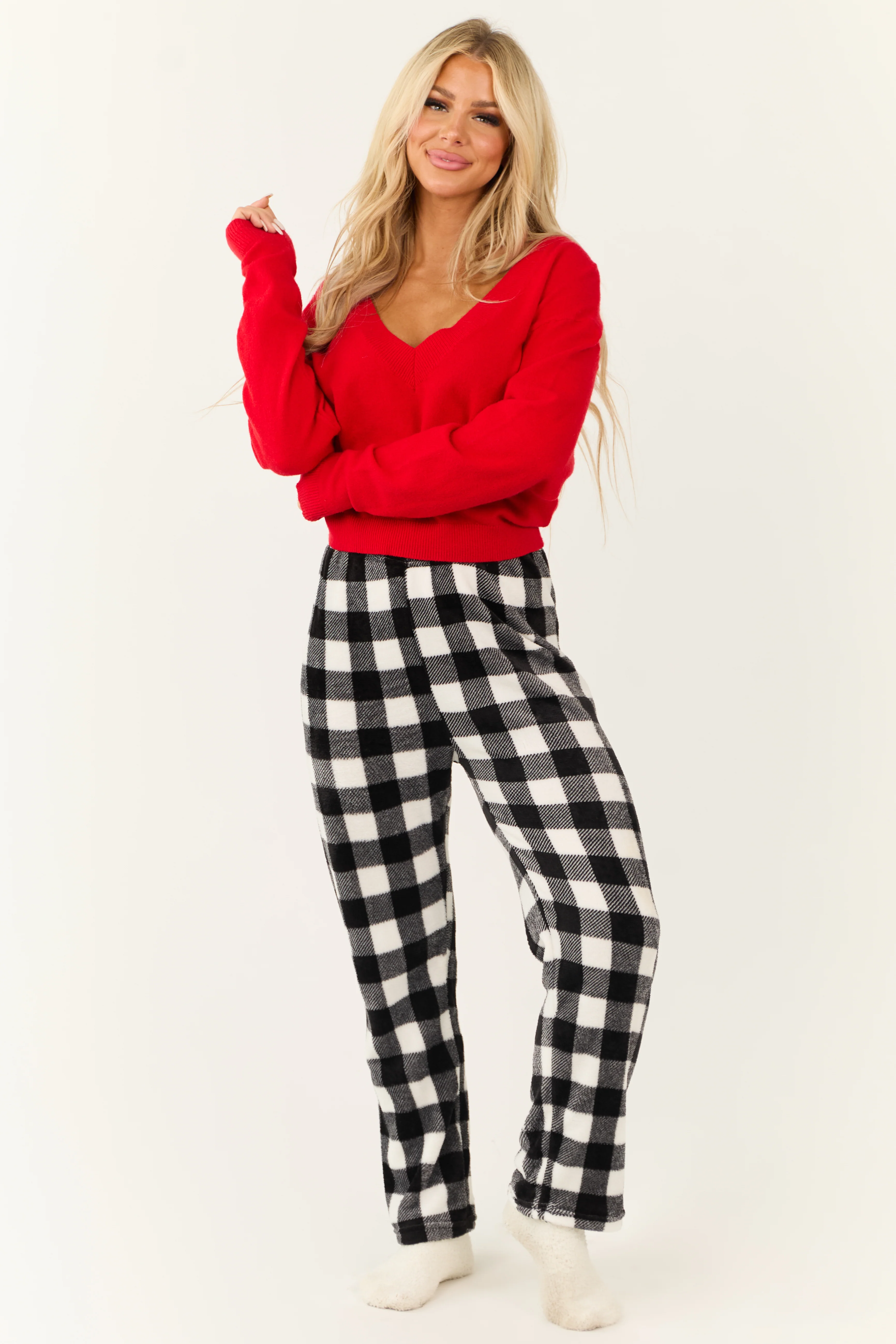White and Black Buffalo Plaid Fleece Pajama Pants - LD SALE