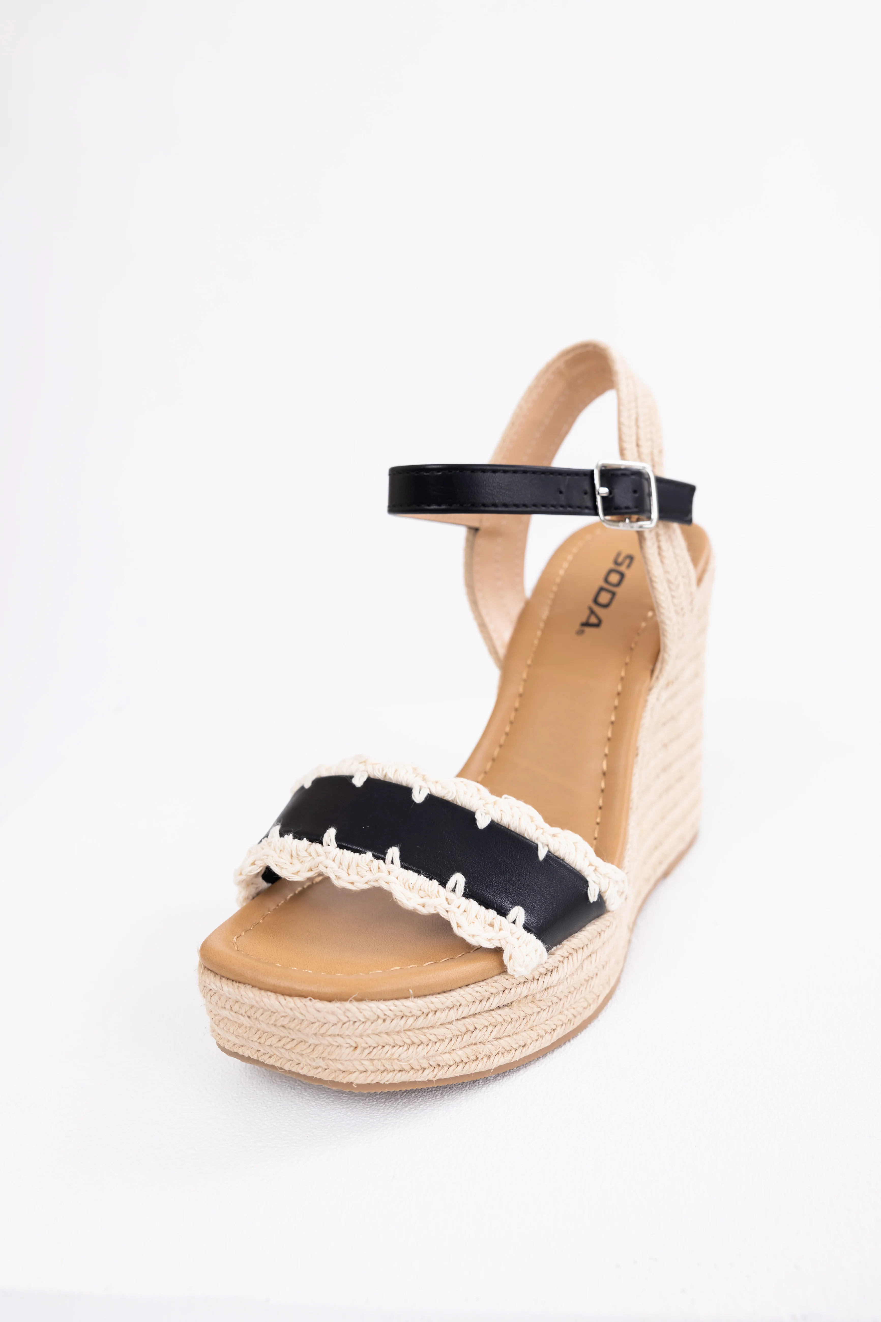 Black Crochet Trim Strap Espadrille Wedges - LD SALE