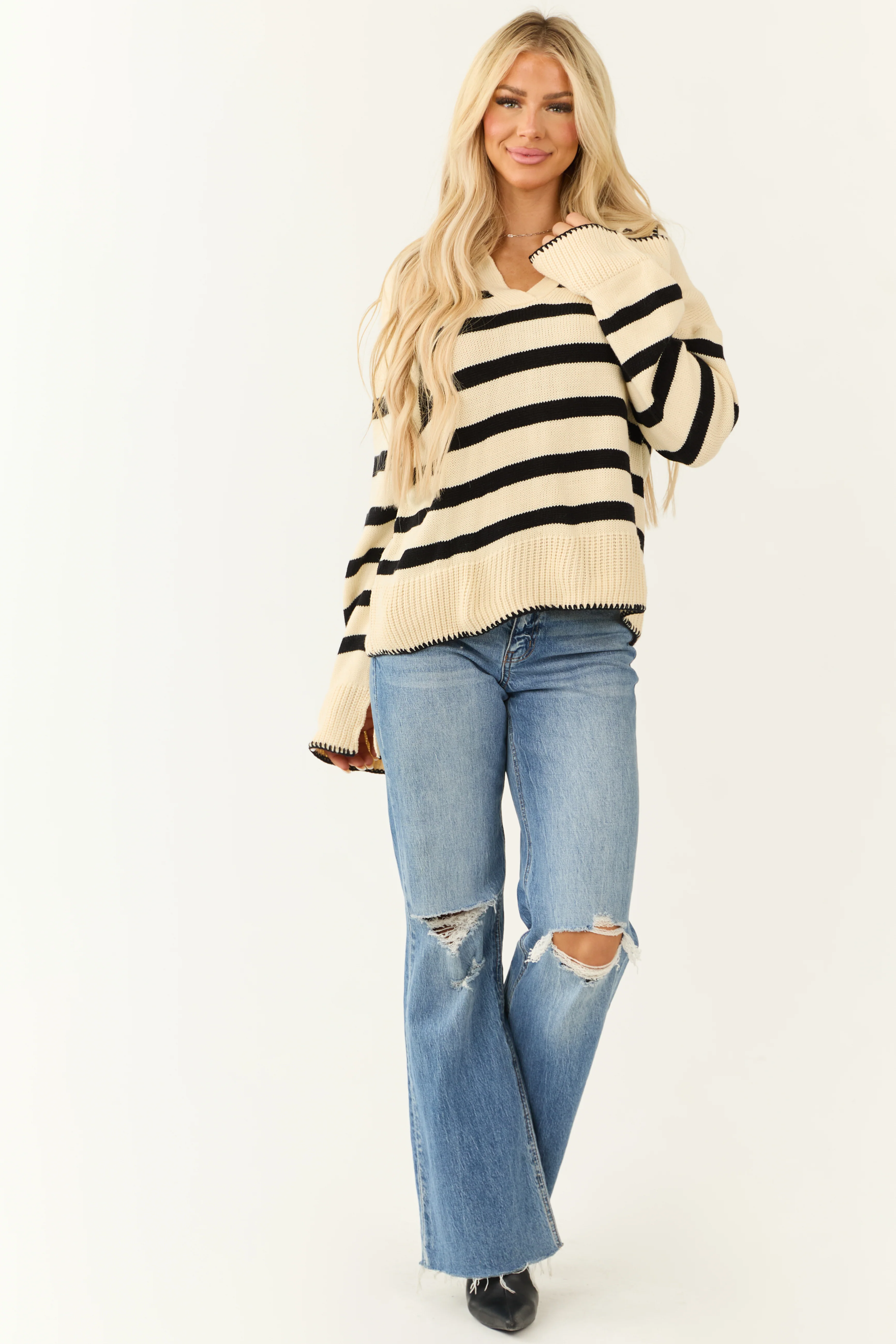 Cream and Black Striped Collared Knit Sweater - LD SALE
