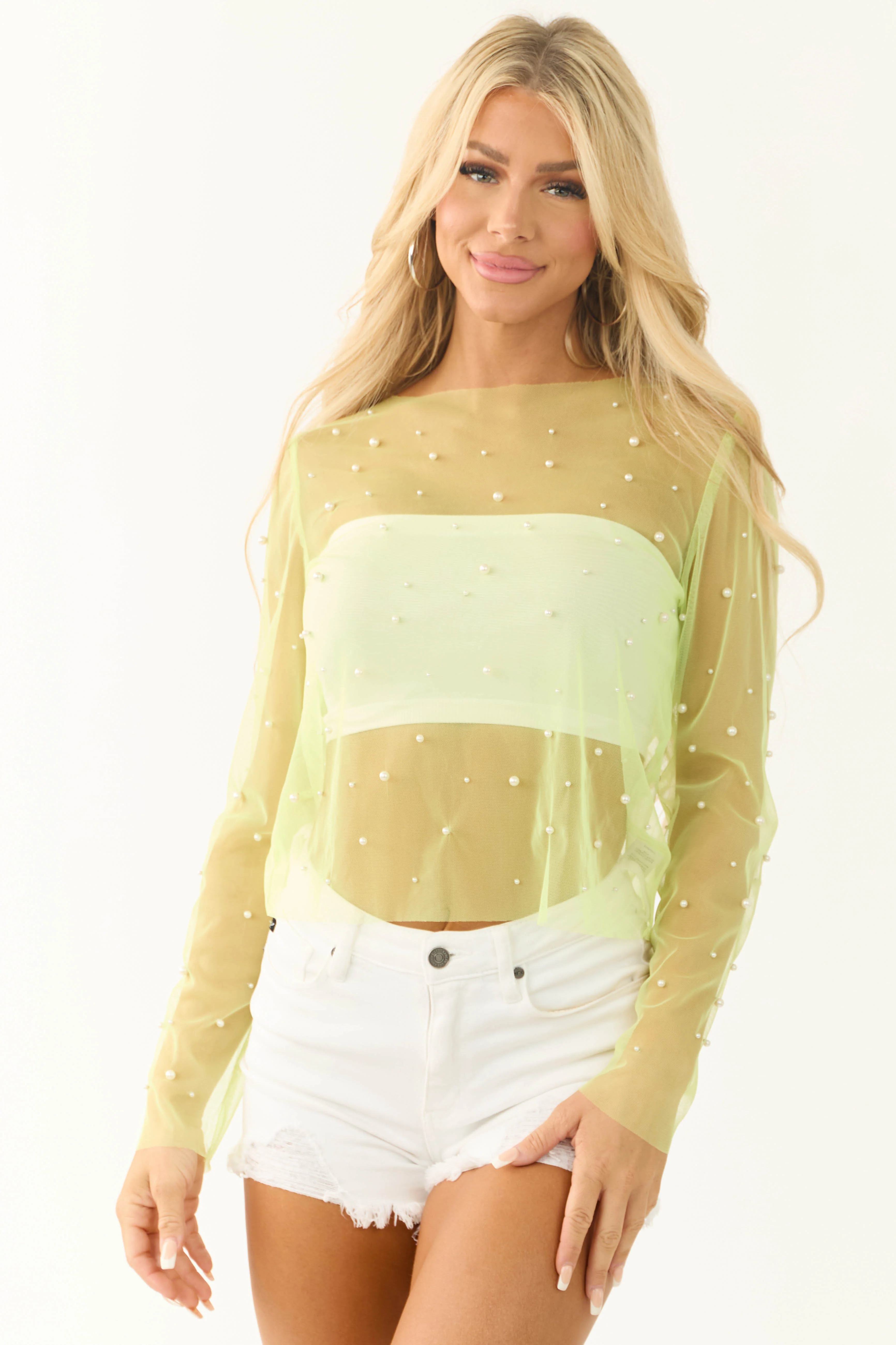 Lime Pearl Detail Long Sleeve Mesh Top - LD SALE