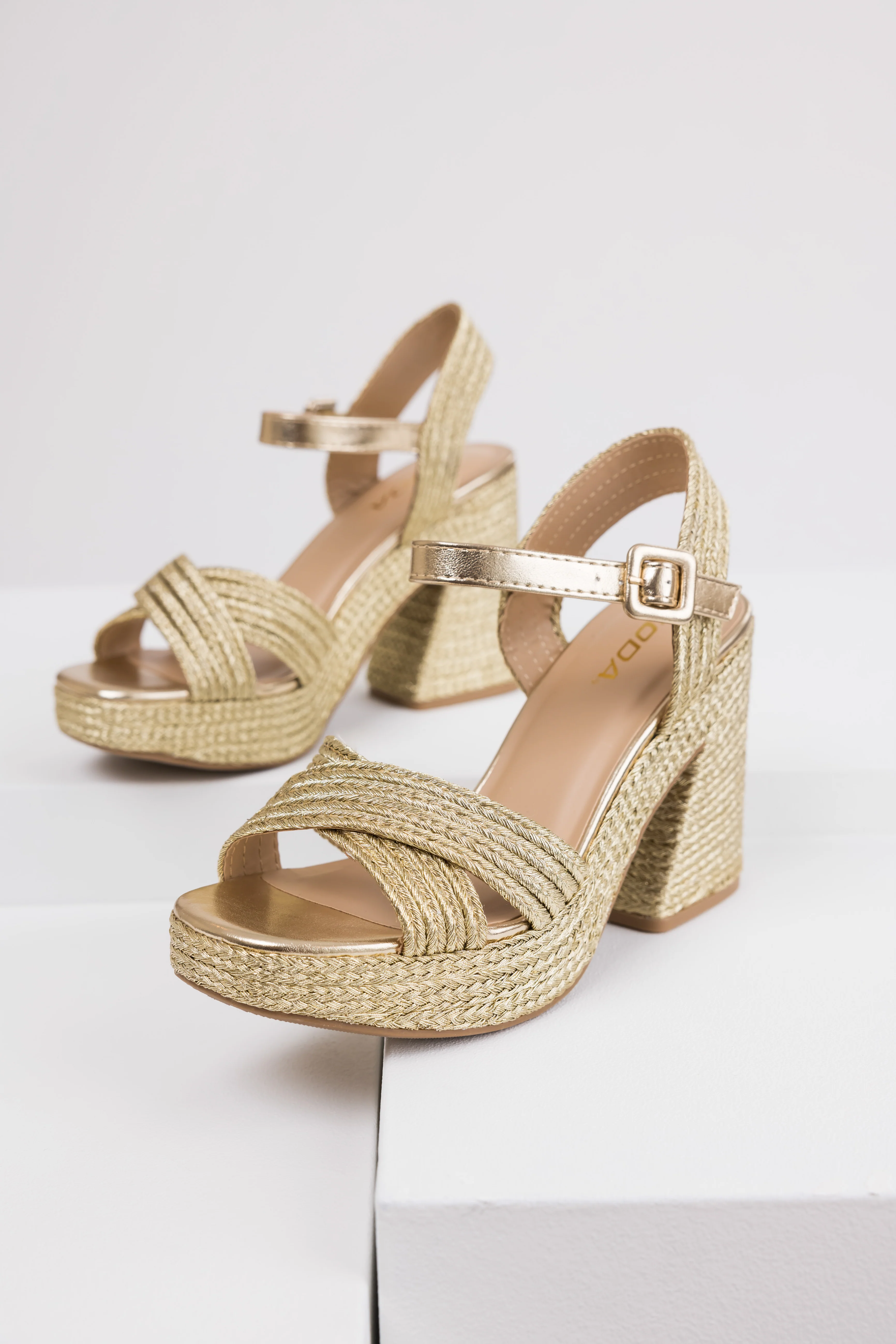 Gold Raffia Woven Open Toed Platform Heels - LD SALE