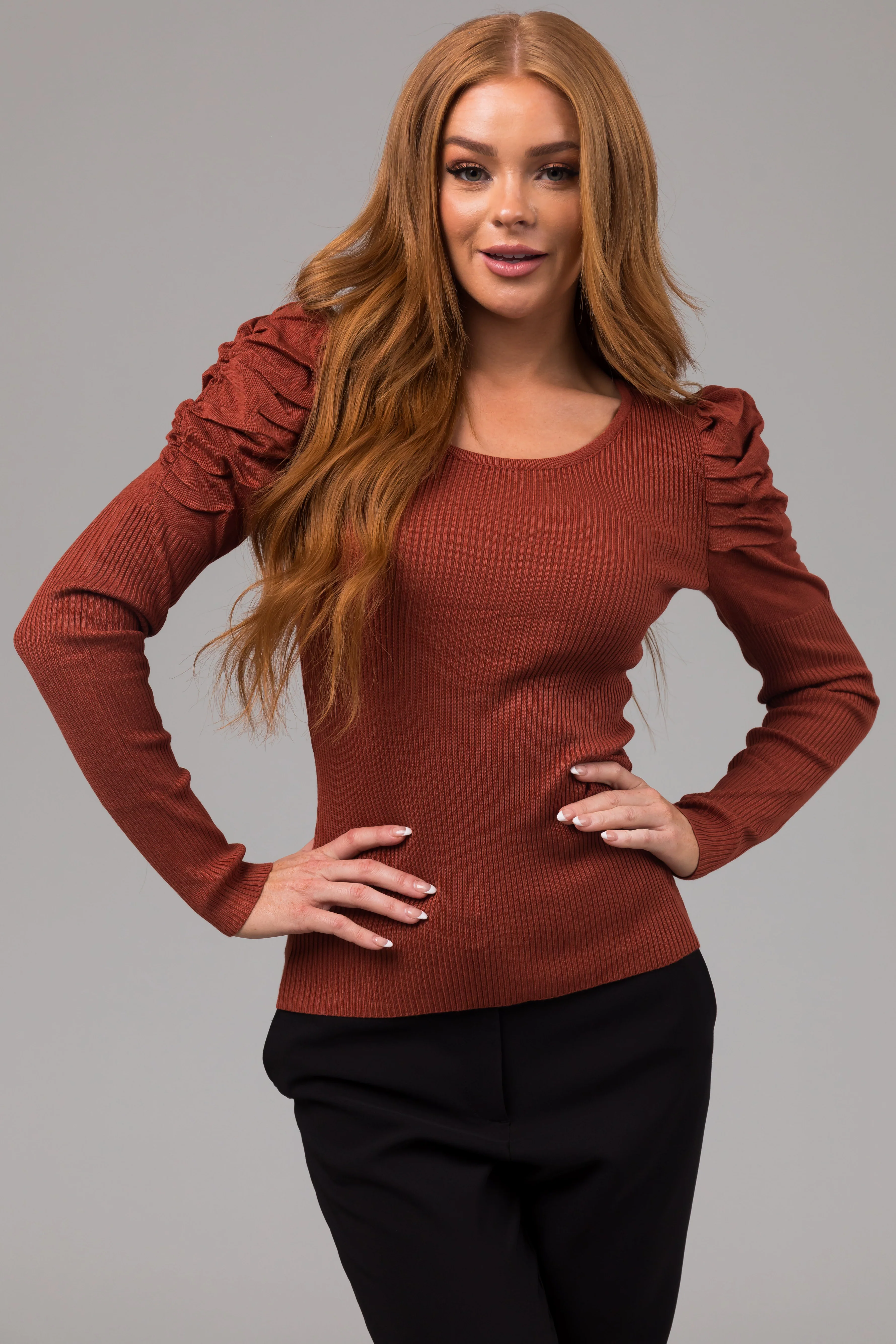 Cinnamon Ruched Puff Shoulder Ribbed Knit Top - LD SALE