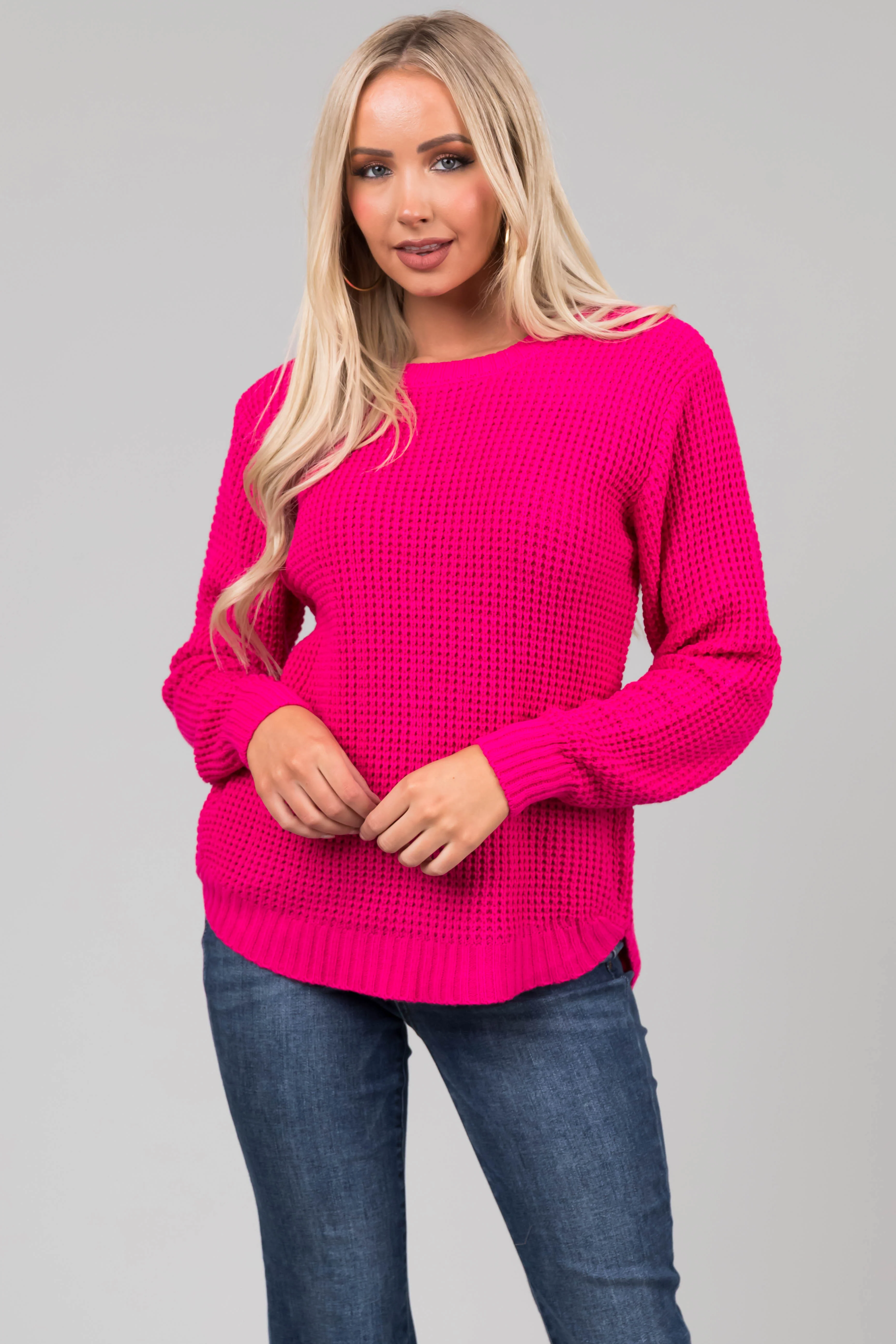 Hot Pink Thick Waffle Knit Curved Hem Sweater - LD SALE