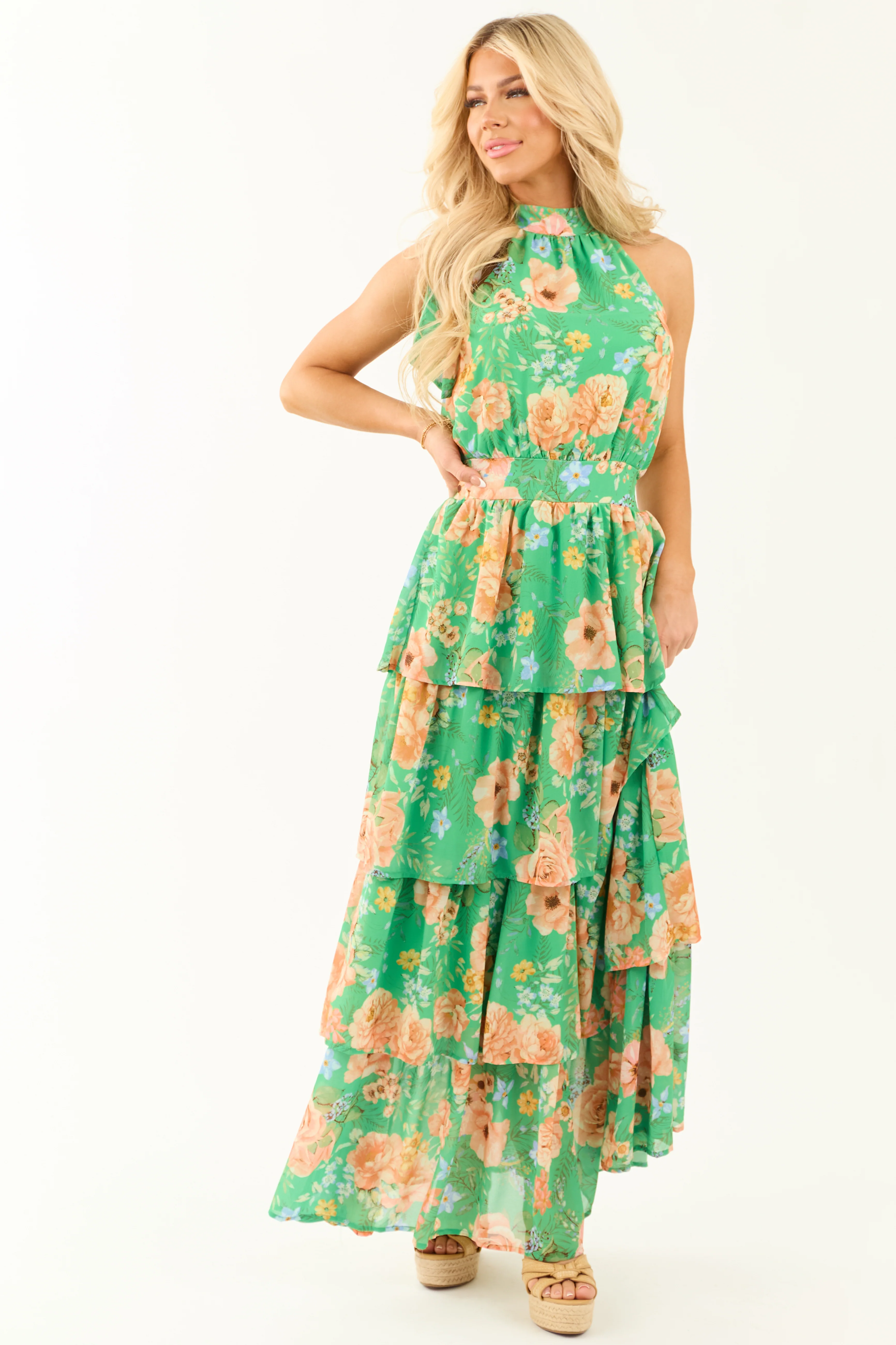 Flying Tomato Kiwi Floral Print Halter Maxi Dress - LD SALE