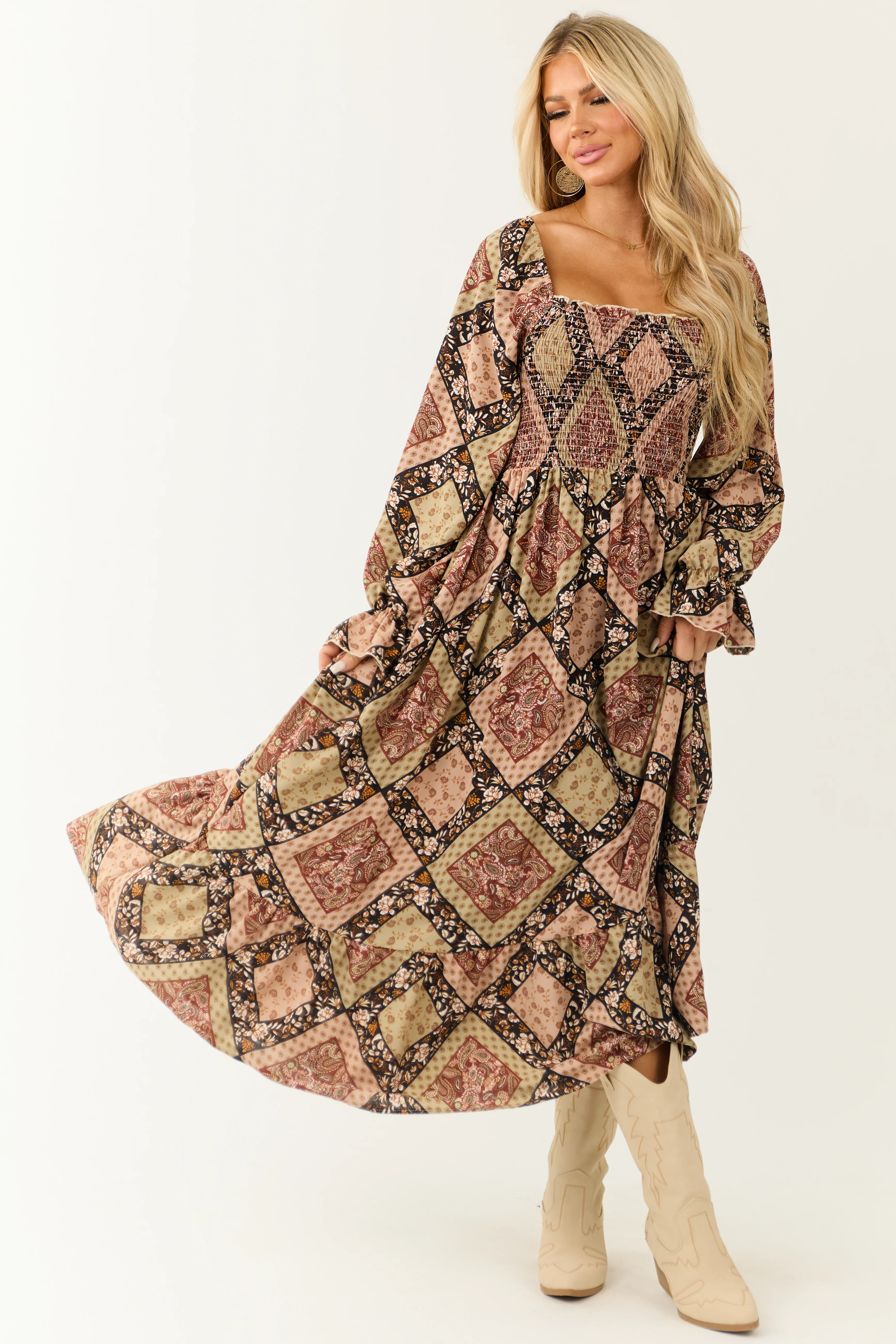 Oatmeal Patchwork Square Neck Maxi Dress - LD SALE