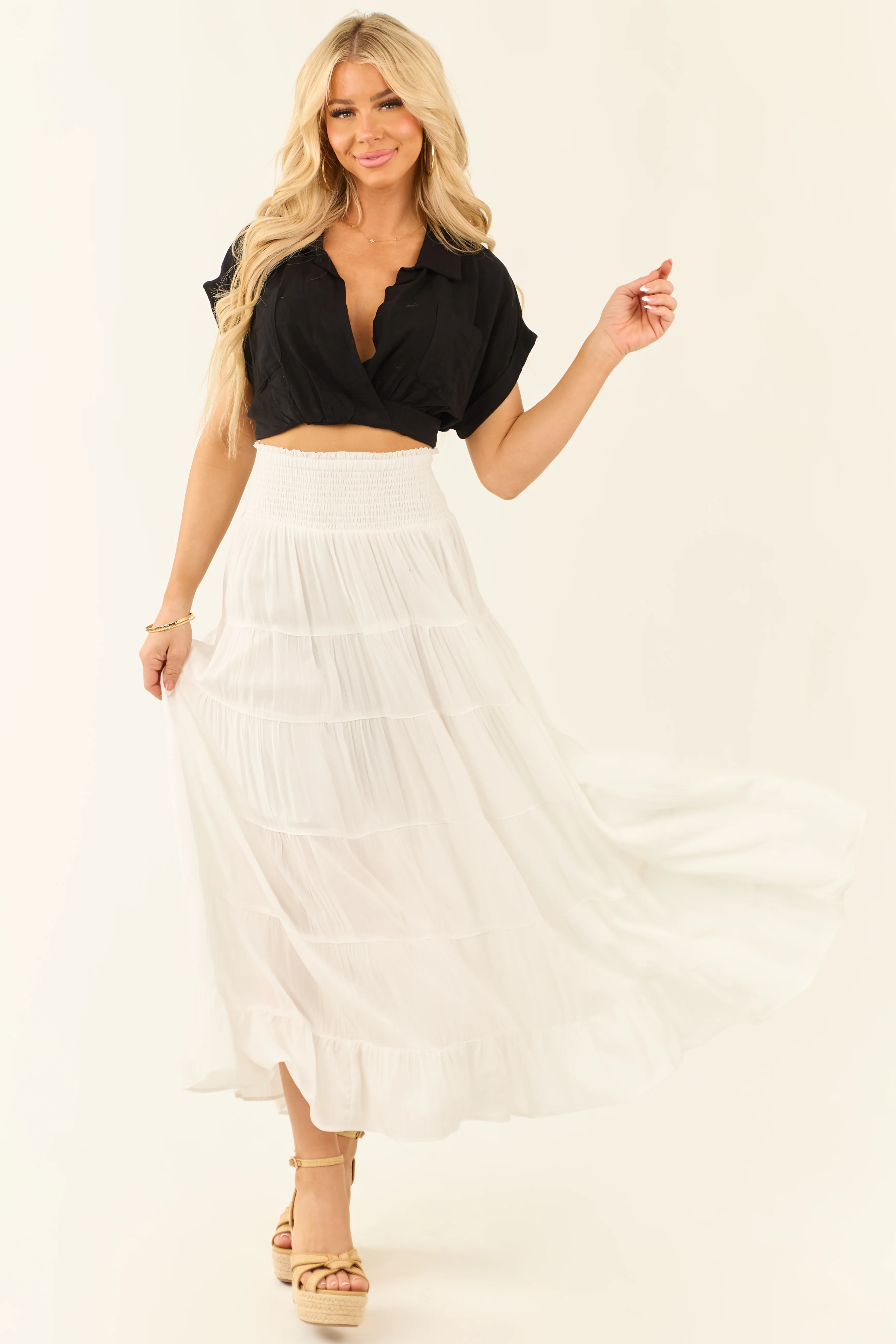 Off White Lightweight Tiered A-Line Maxi Skirt - LD SALE