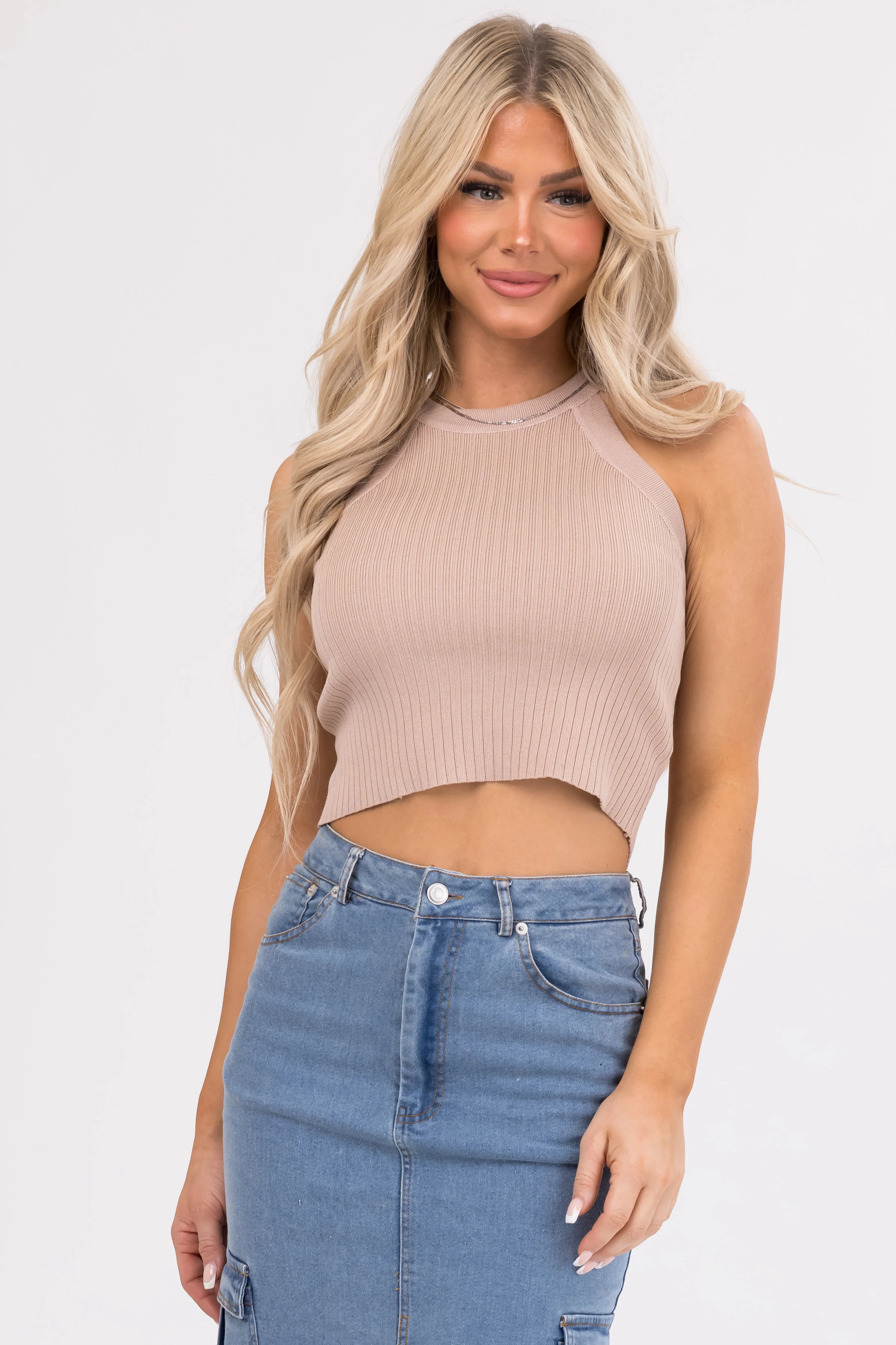 She+Sky Latte Halter Neck Ribbed Crop Top - LD SALE