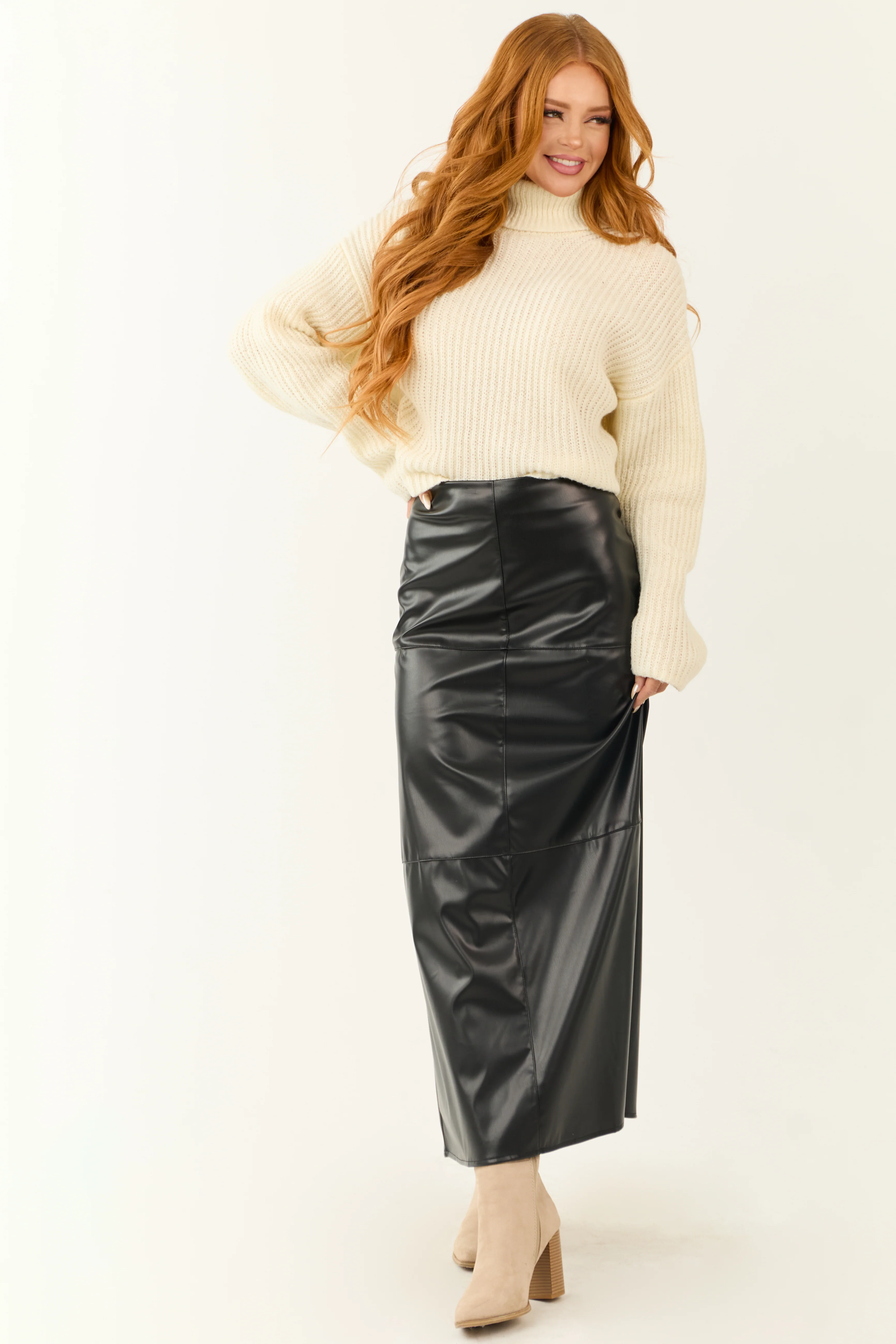 Black Faux Leather Slit Maxi Skirt - LD SALE