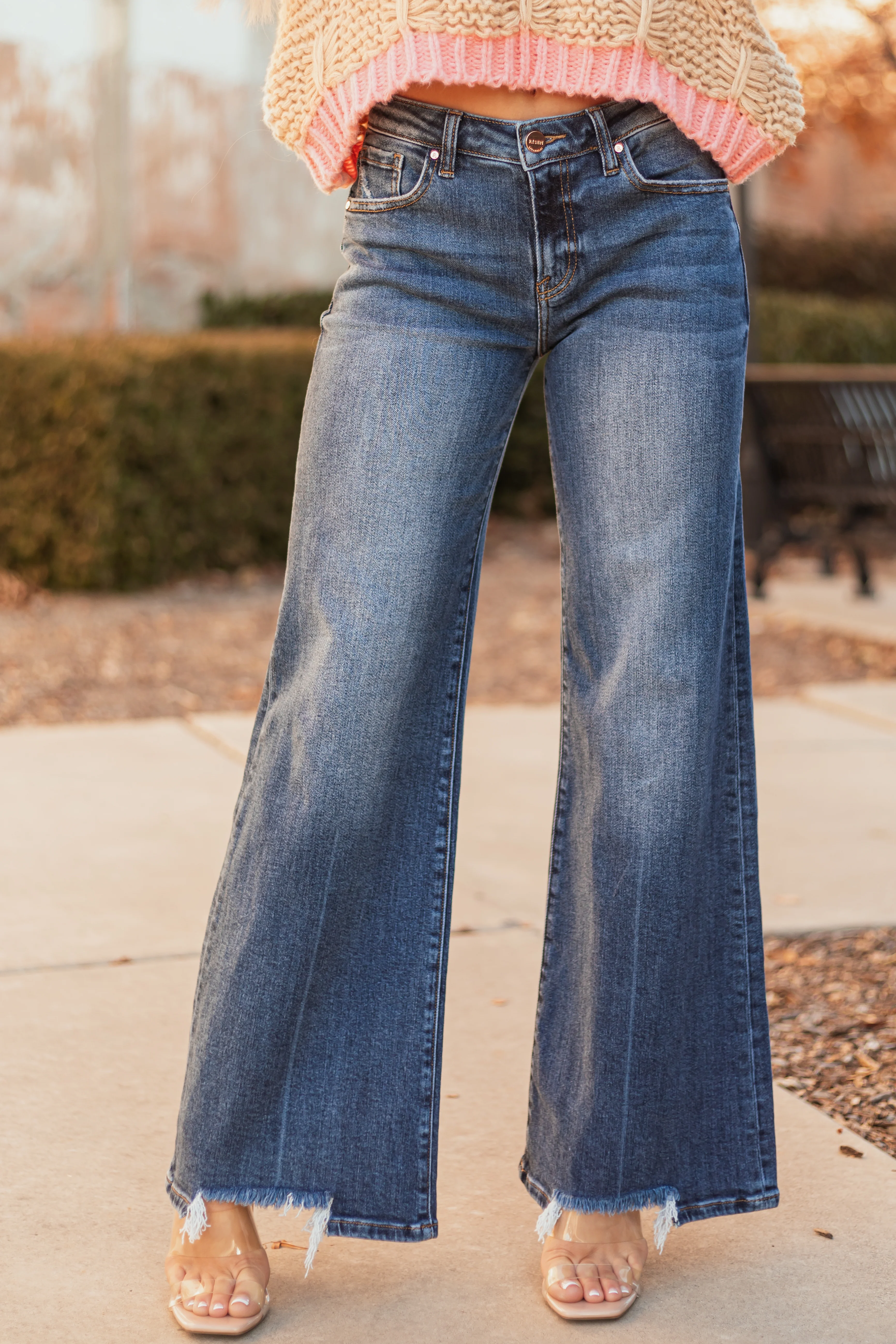 Risen Dark Wash High Rise Wide Flare Leg Jeans - LD SALE