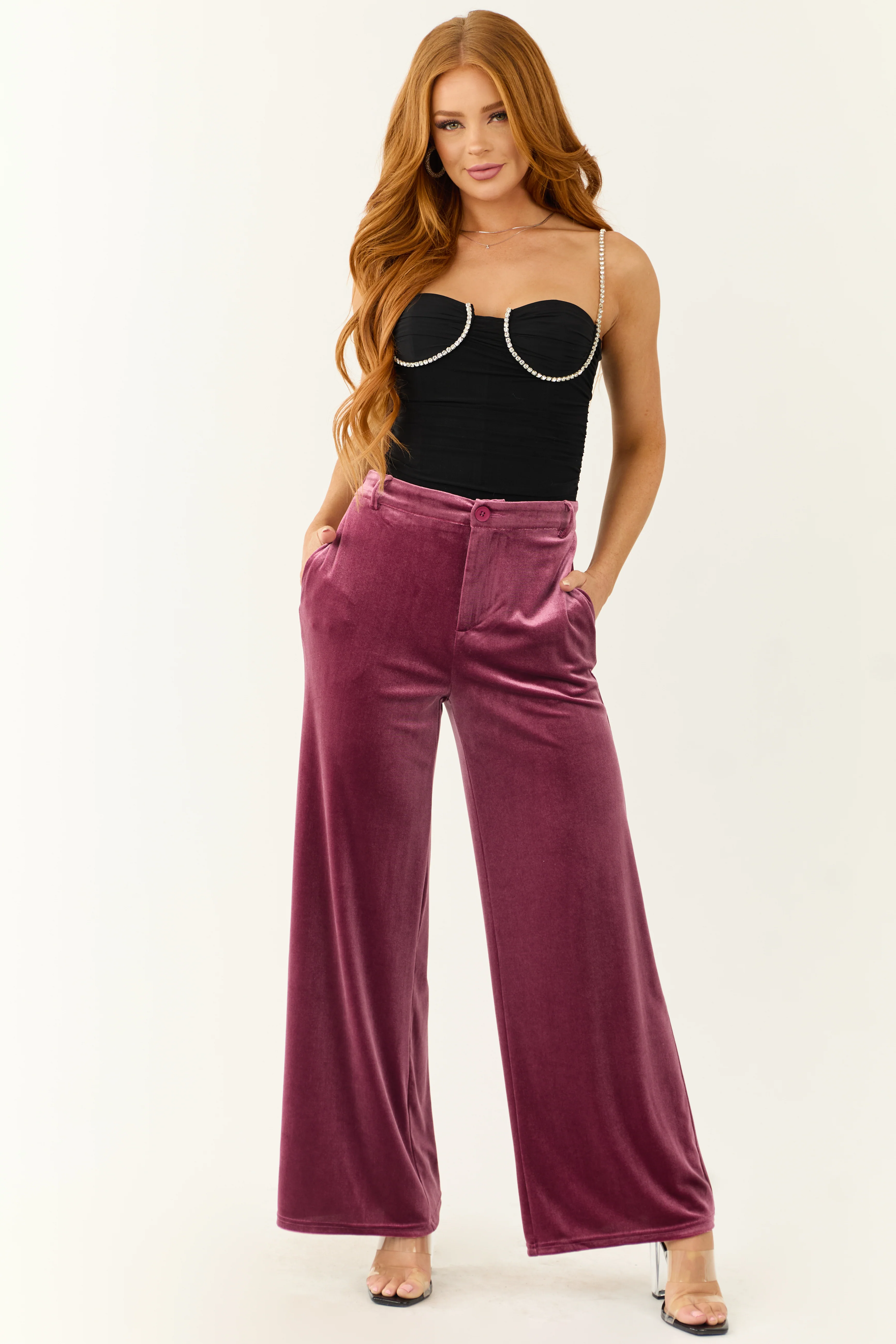 Berry Velvet Wide Leg High Waisted Pants - LD SALE