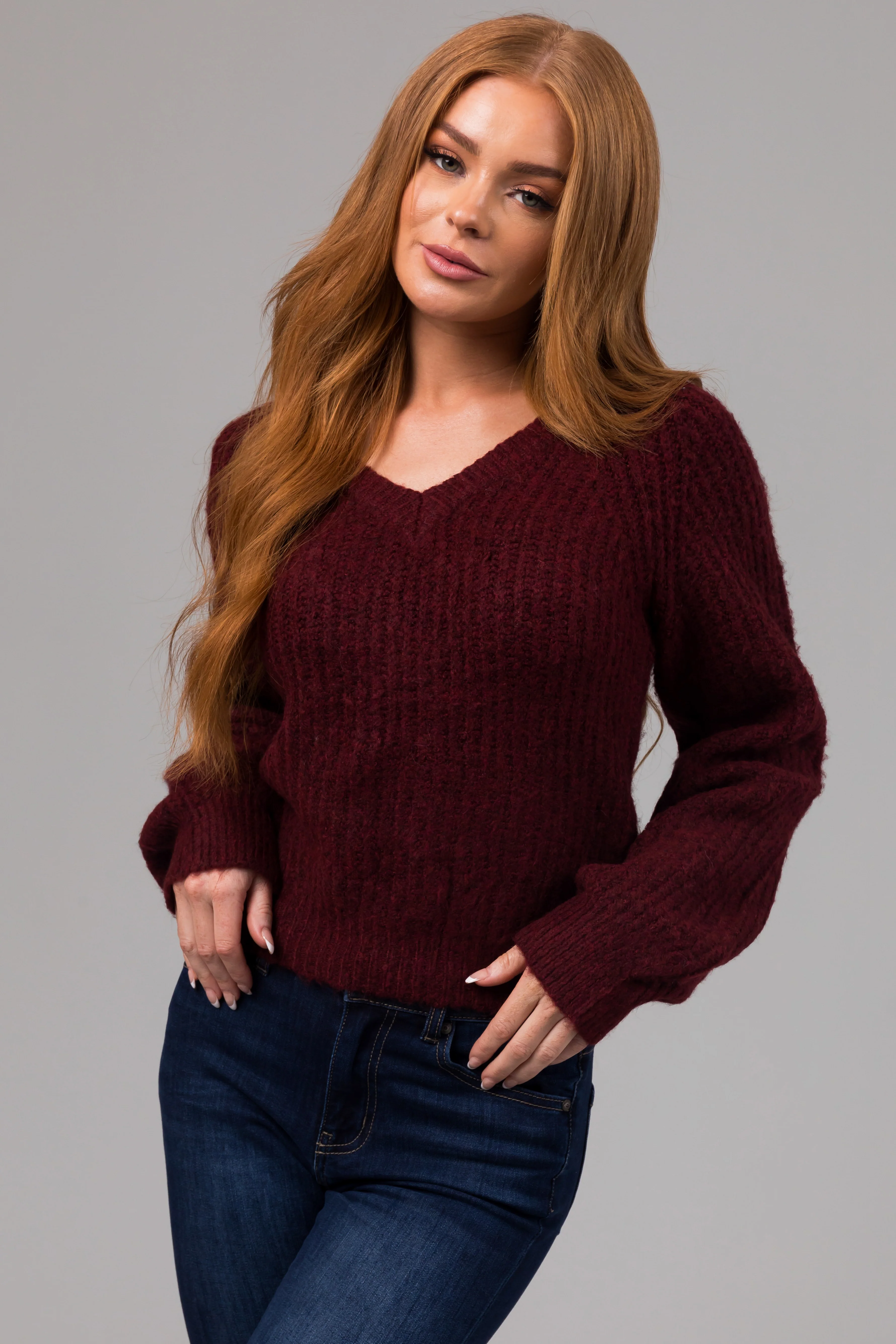 Heathered Maroon V Neck Bubble Sleeve Sweater - LD SALE