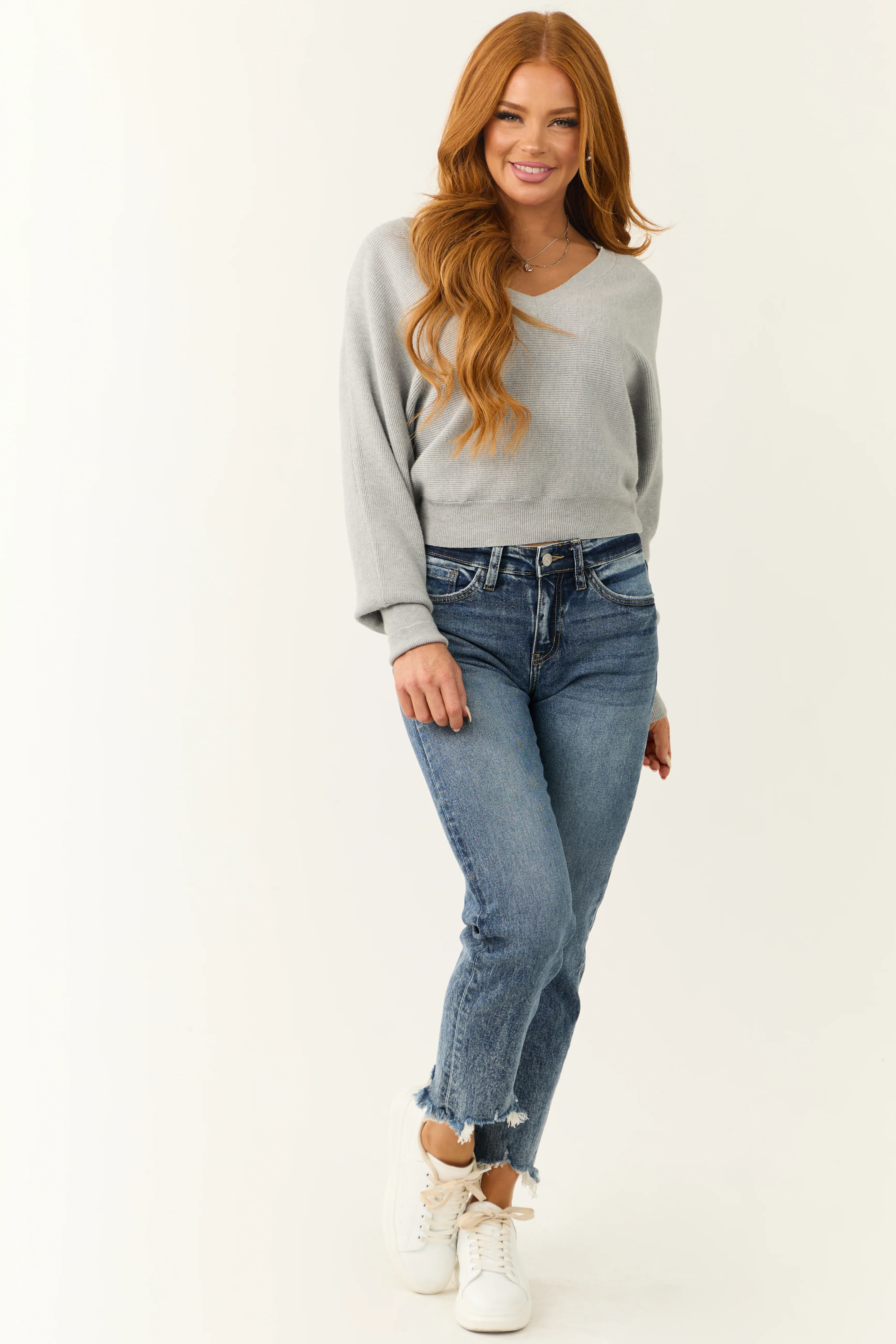 Dove Grey Ribbed Knit V Neck Sweater - LD SALE