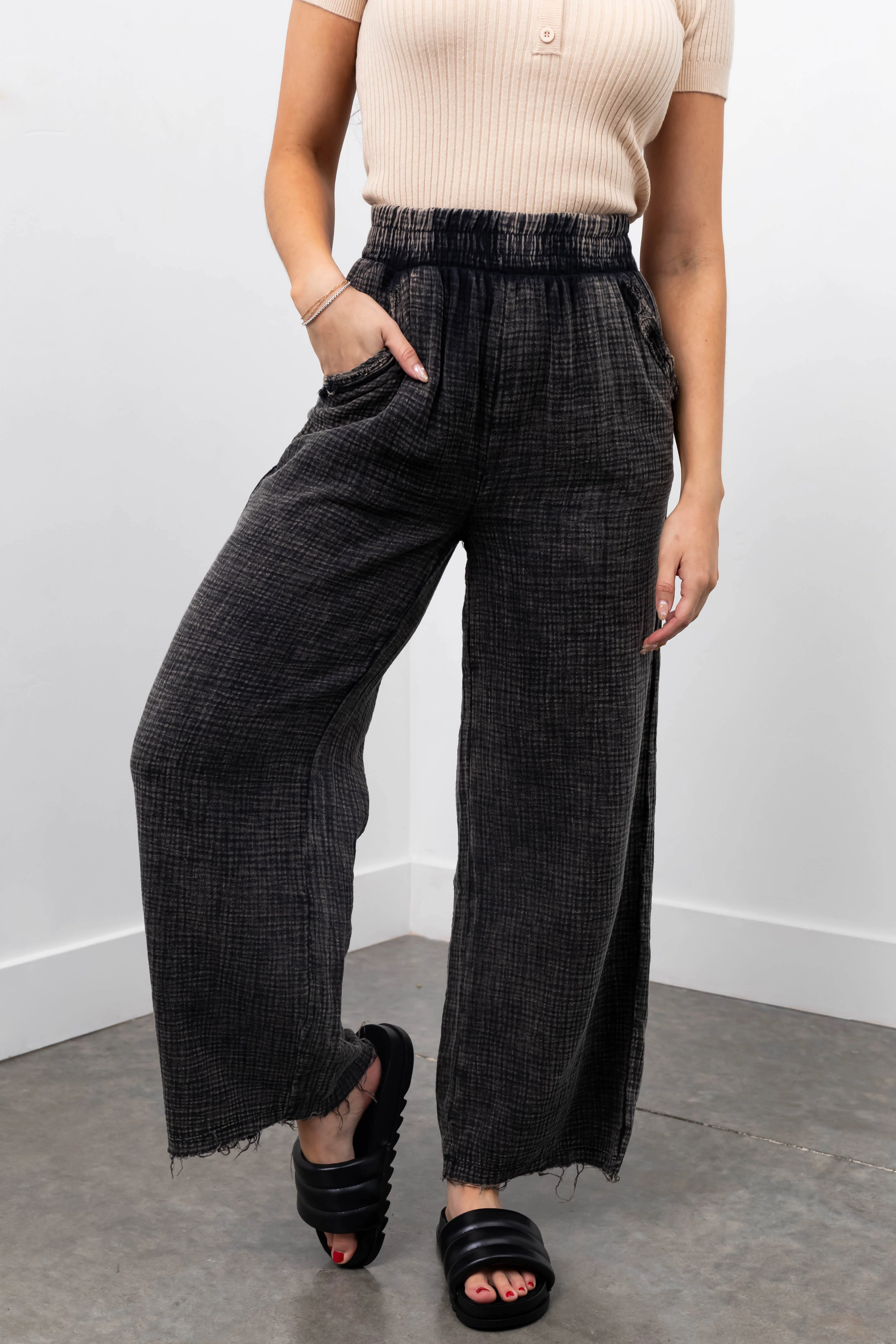 Charcoal Washed Elastic Waist Wide Leg Pants - LD SALE