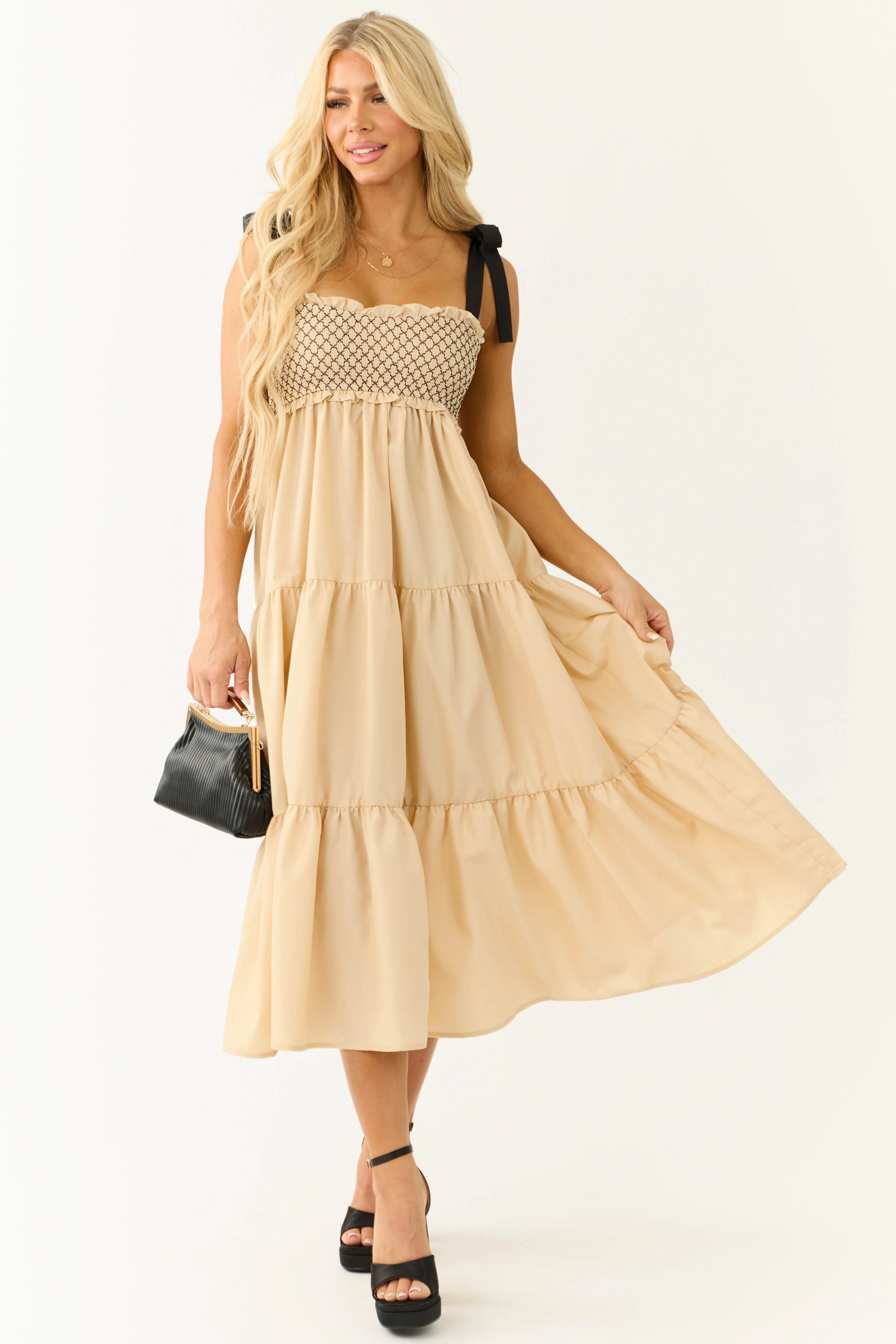 Beige Contrast Smocked Ribbon Strap Midi Dress - LD SALE