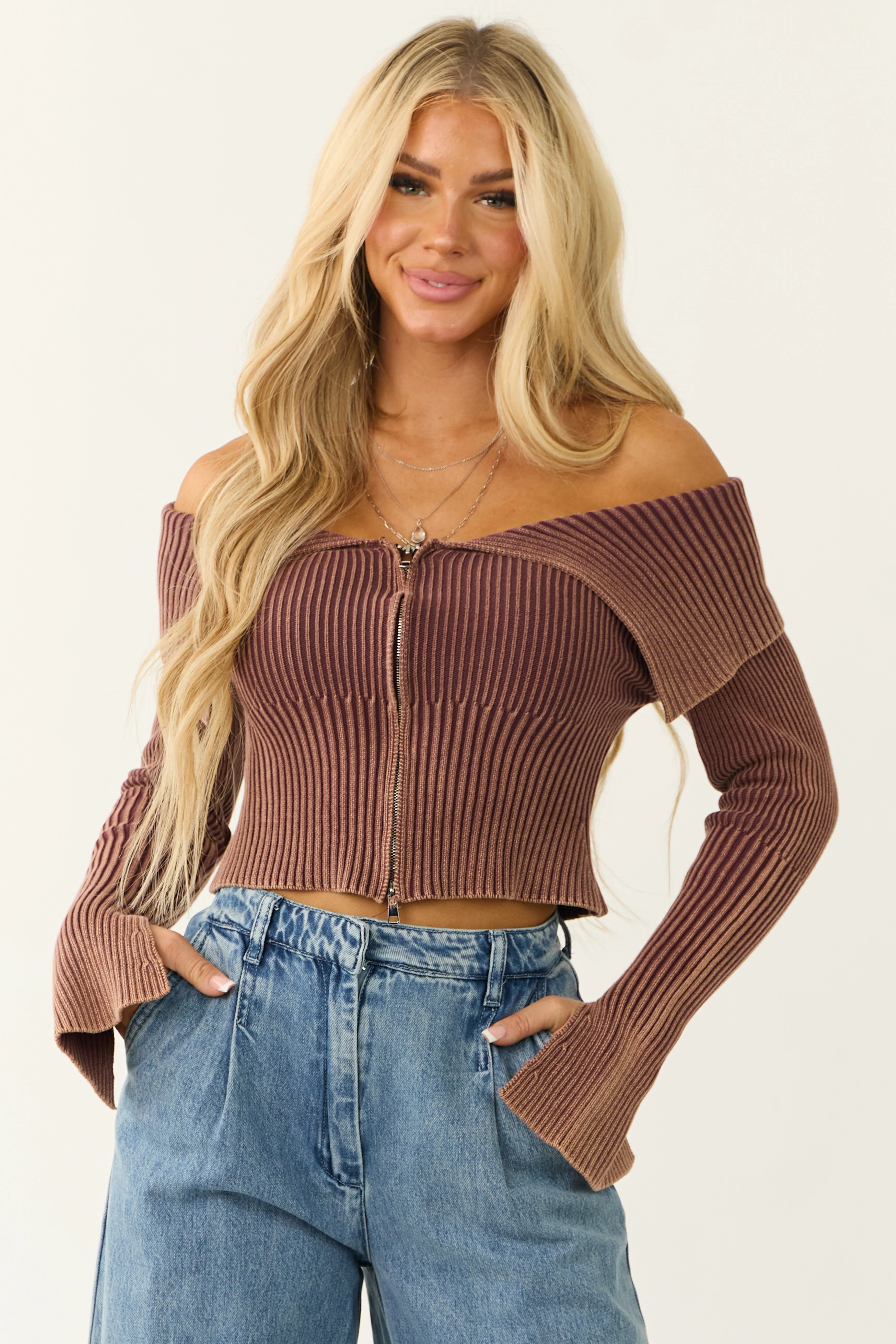 Sienna Ribbed Knit Long Sleeve Off Shoulder Top - LD SALE