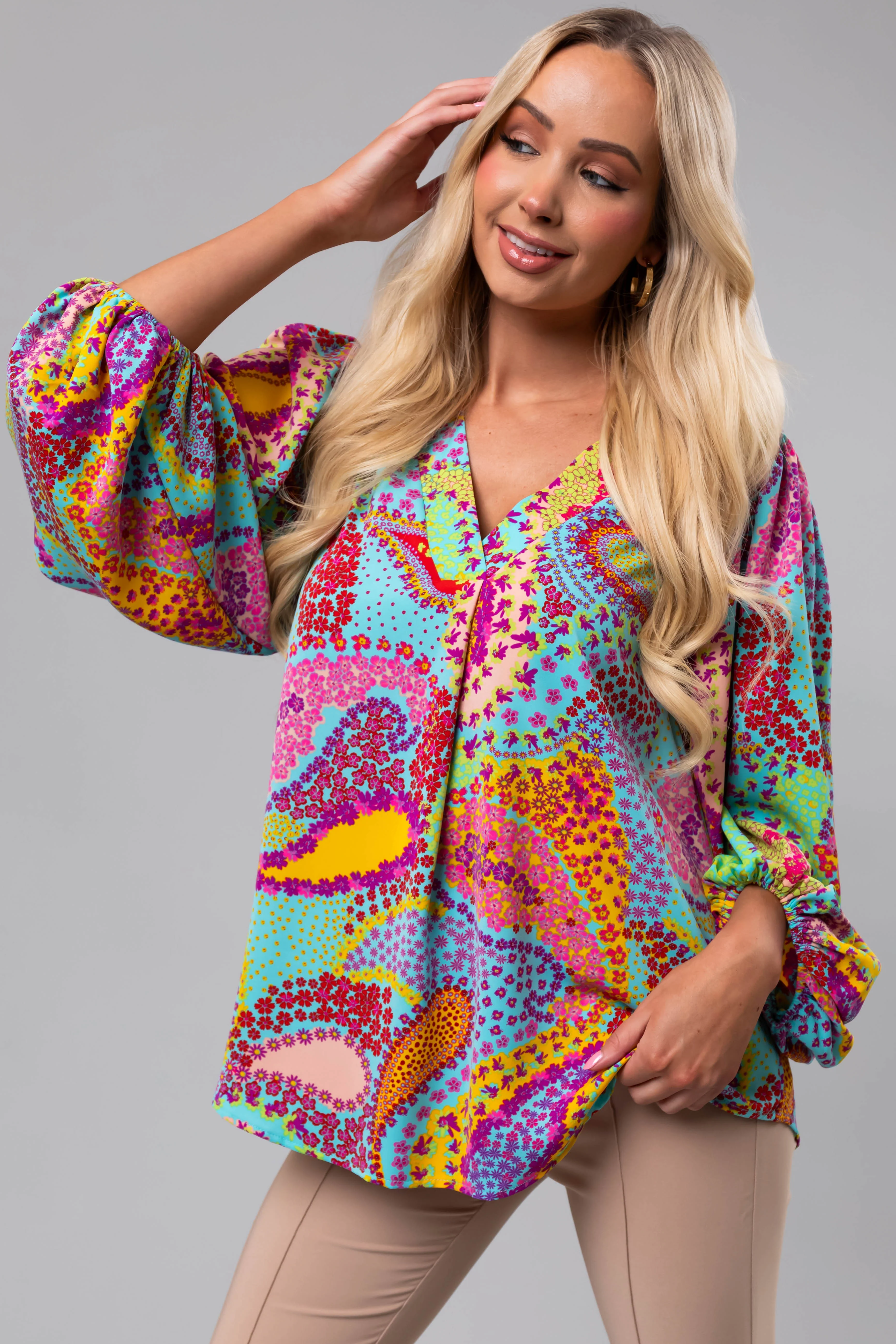 Multicolor Paisley Print Puff Sleeve Blouse - LD SALE