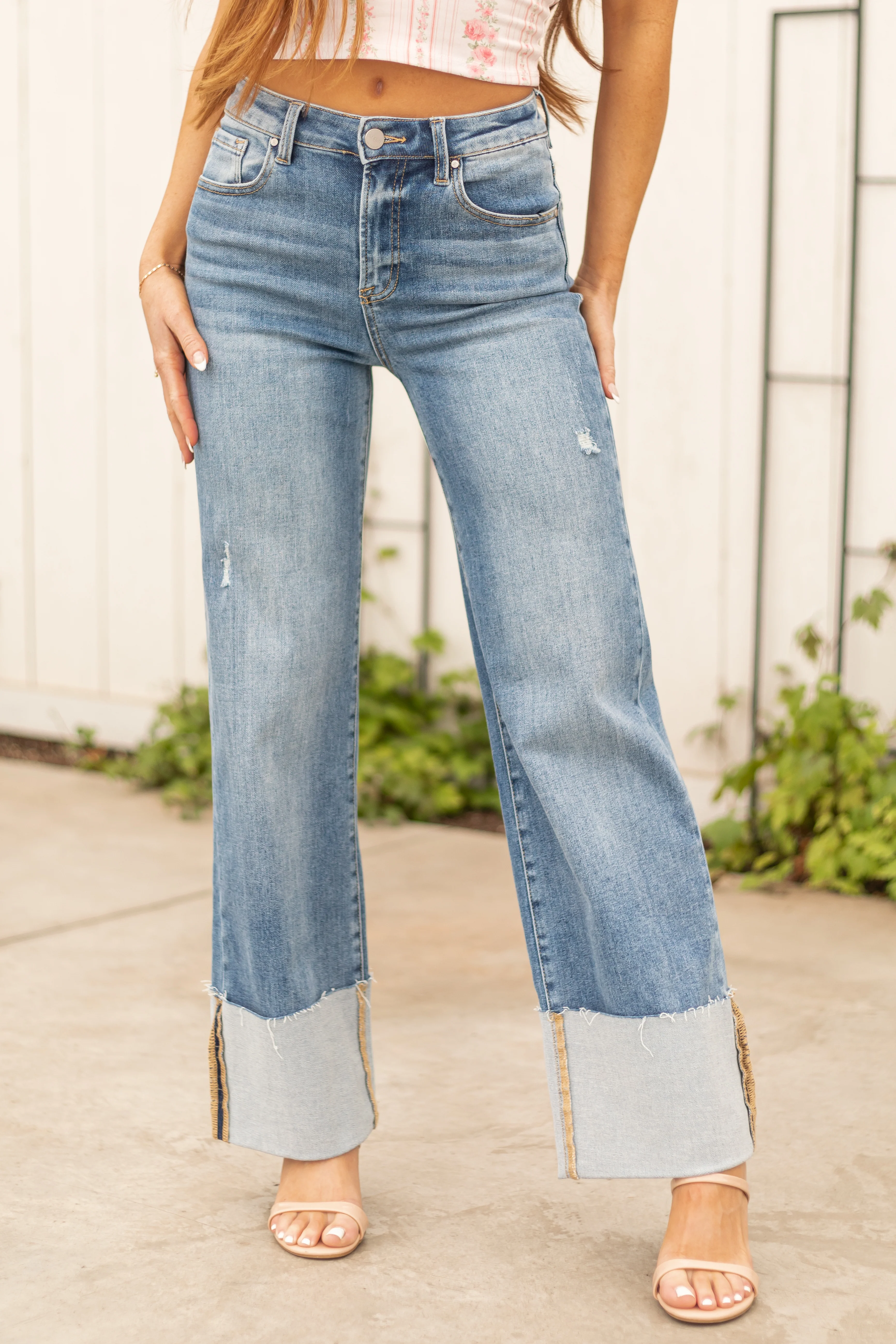 Risen Medium Wash Stretchy Cuffed Wide Jeans - LD SALE