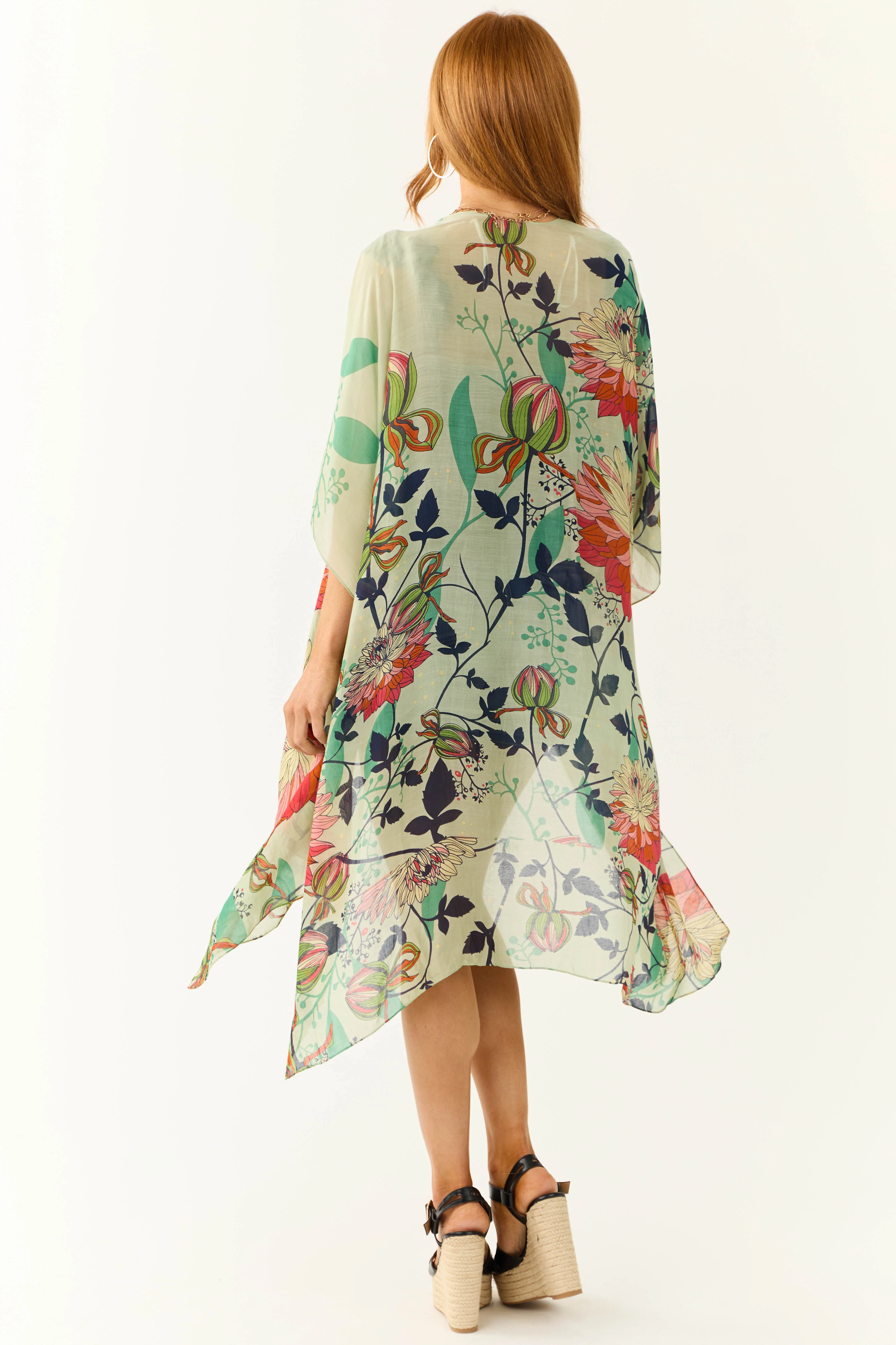 Sage Lightweight Floral Lotus Print Kimono - LD SALE