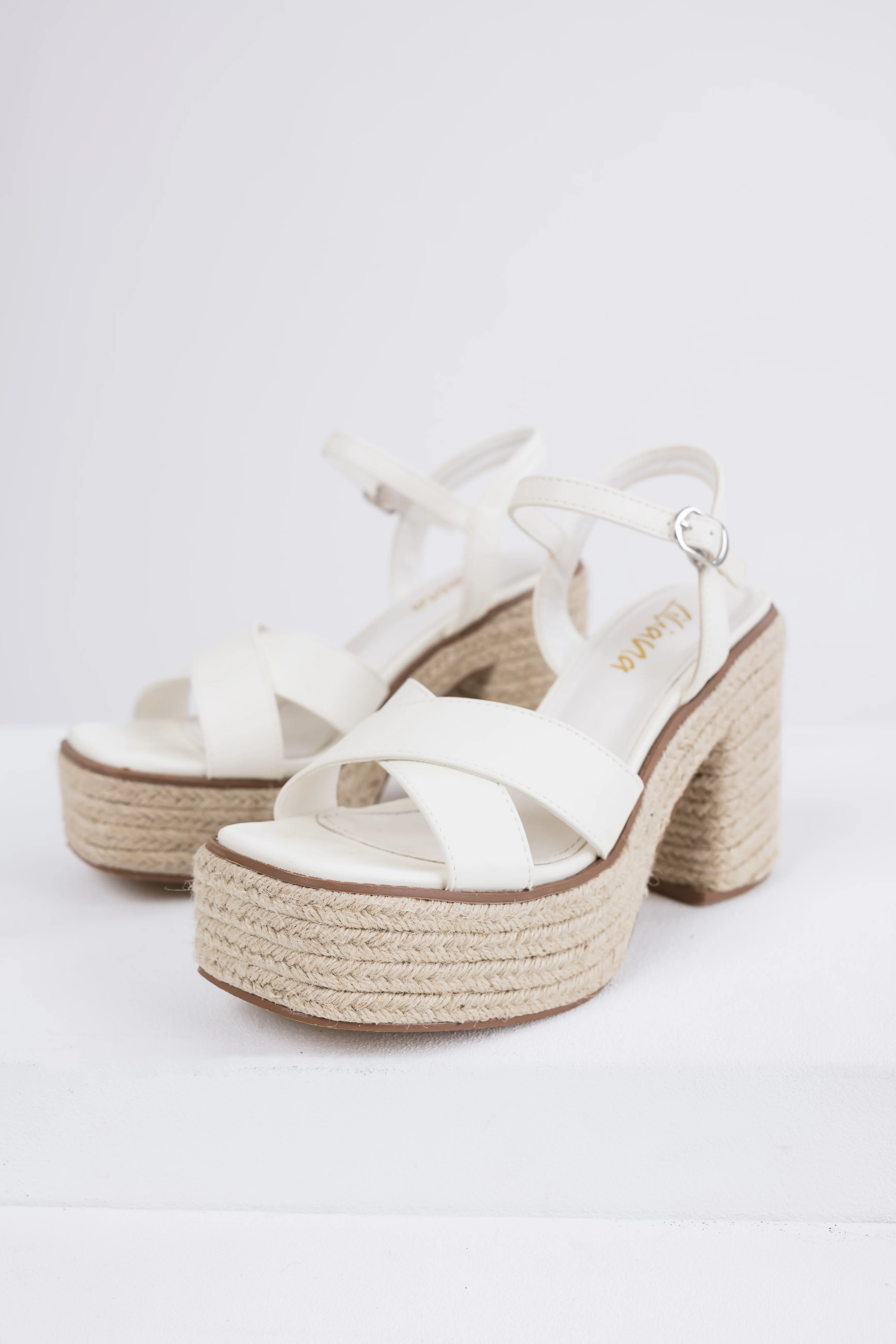 Ivory Cross Strap Espadrille Platform Block Heels - LD SALE