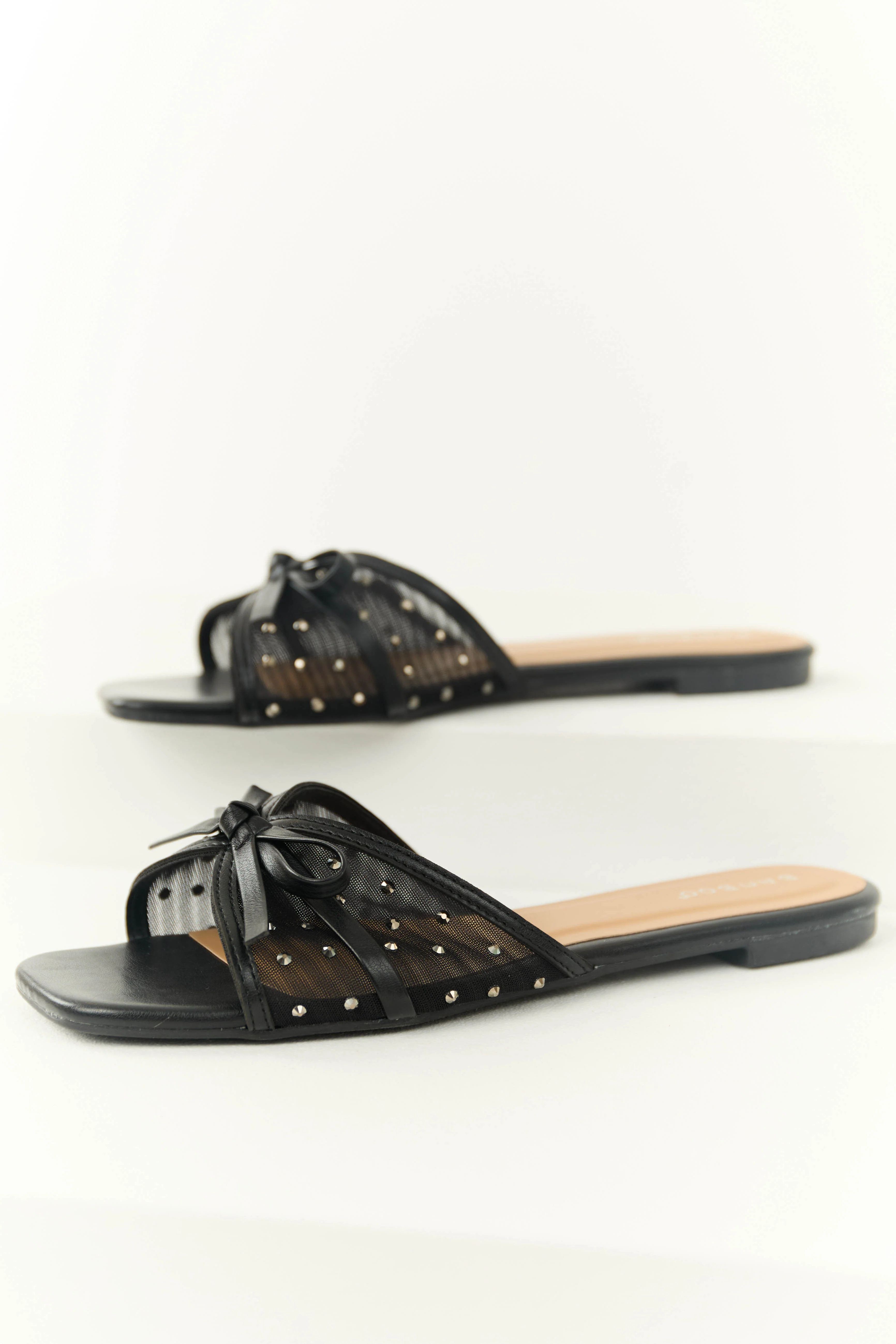 Black Mesh Rhinestone Strap Slip On Sandals - LD SALE