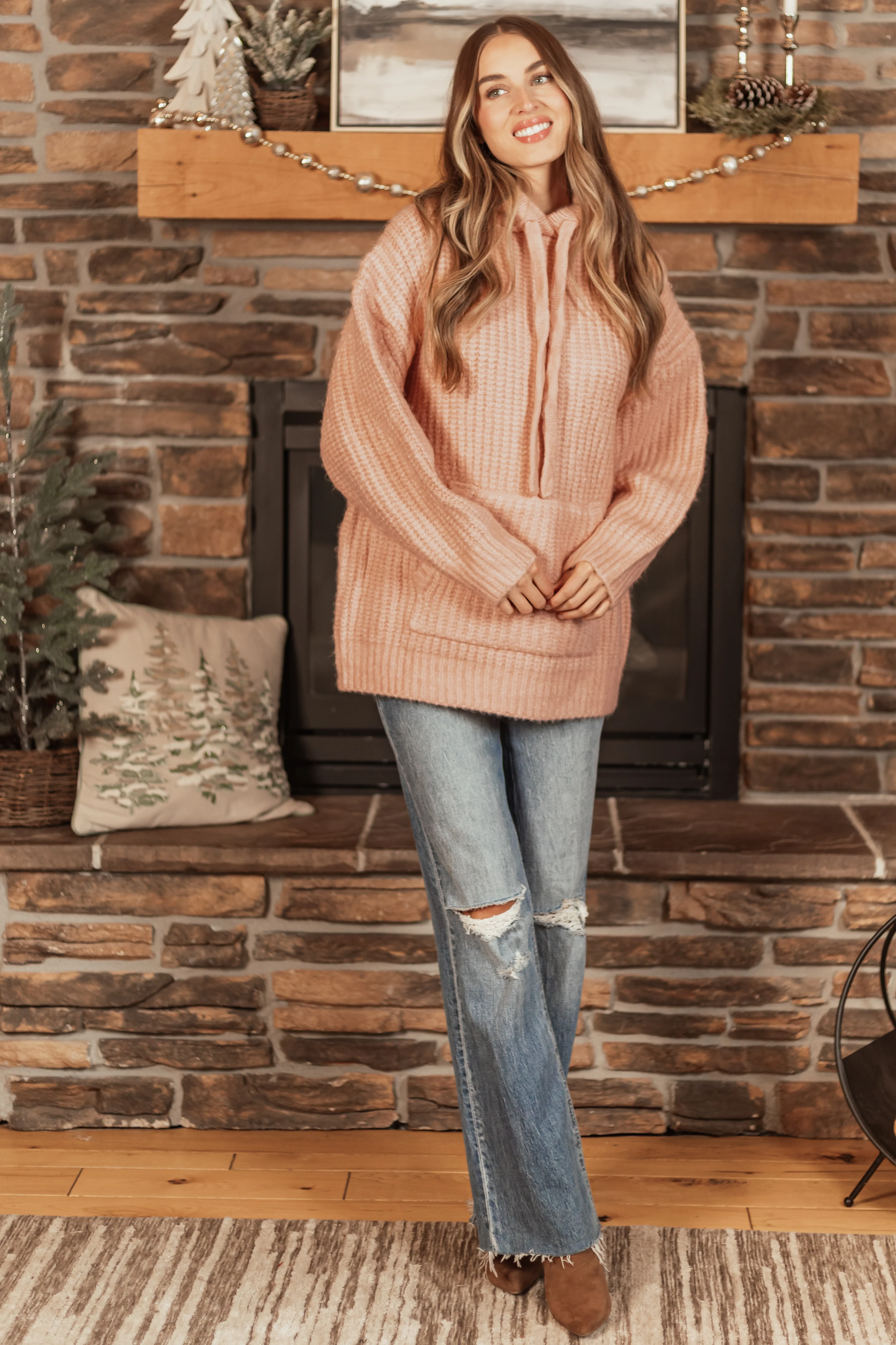 Peach Chunky Soft Knit Oversized Hoodie - LD SALE