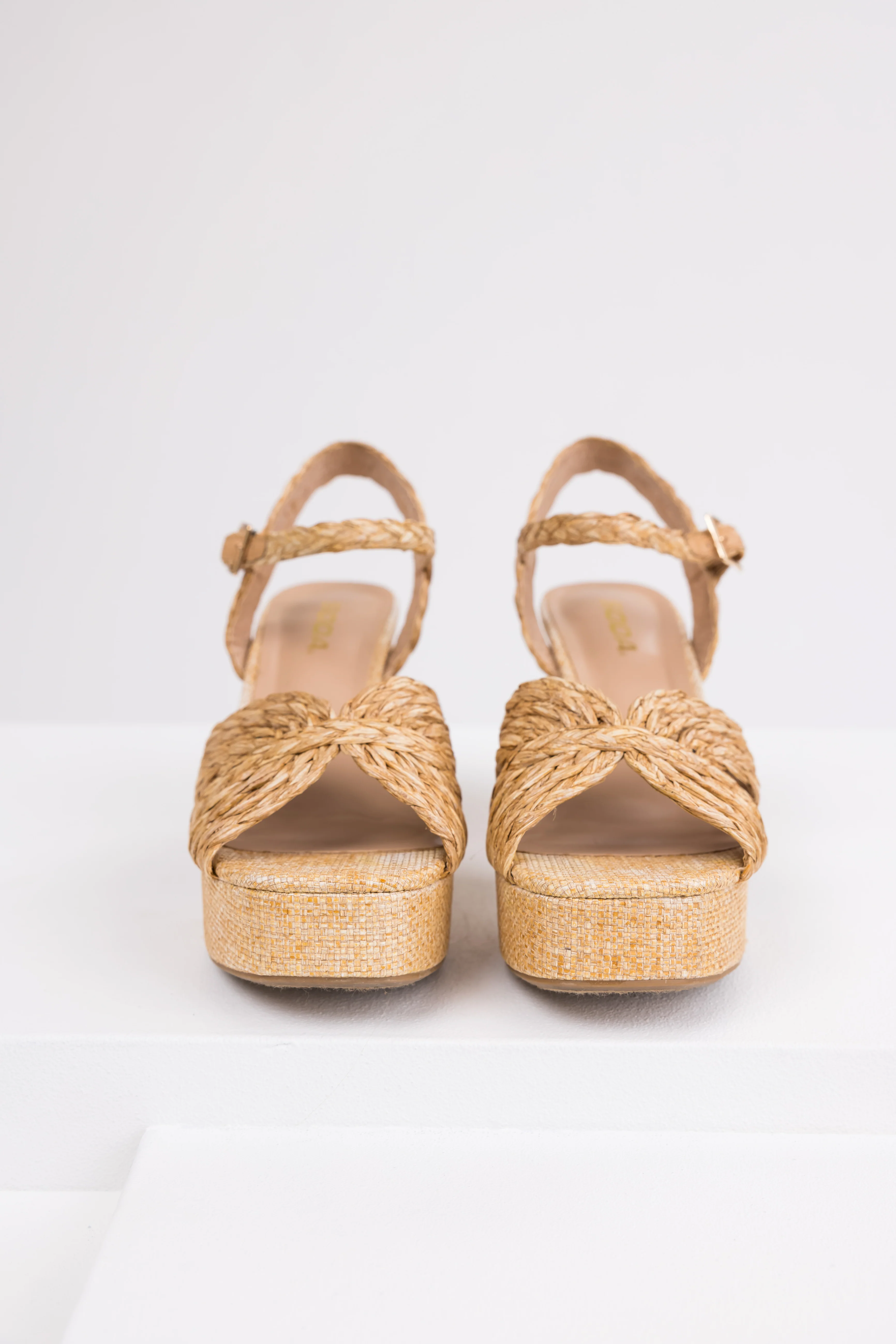 Beige Raffia Open Toe Block Heels - LD SALE