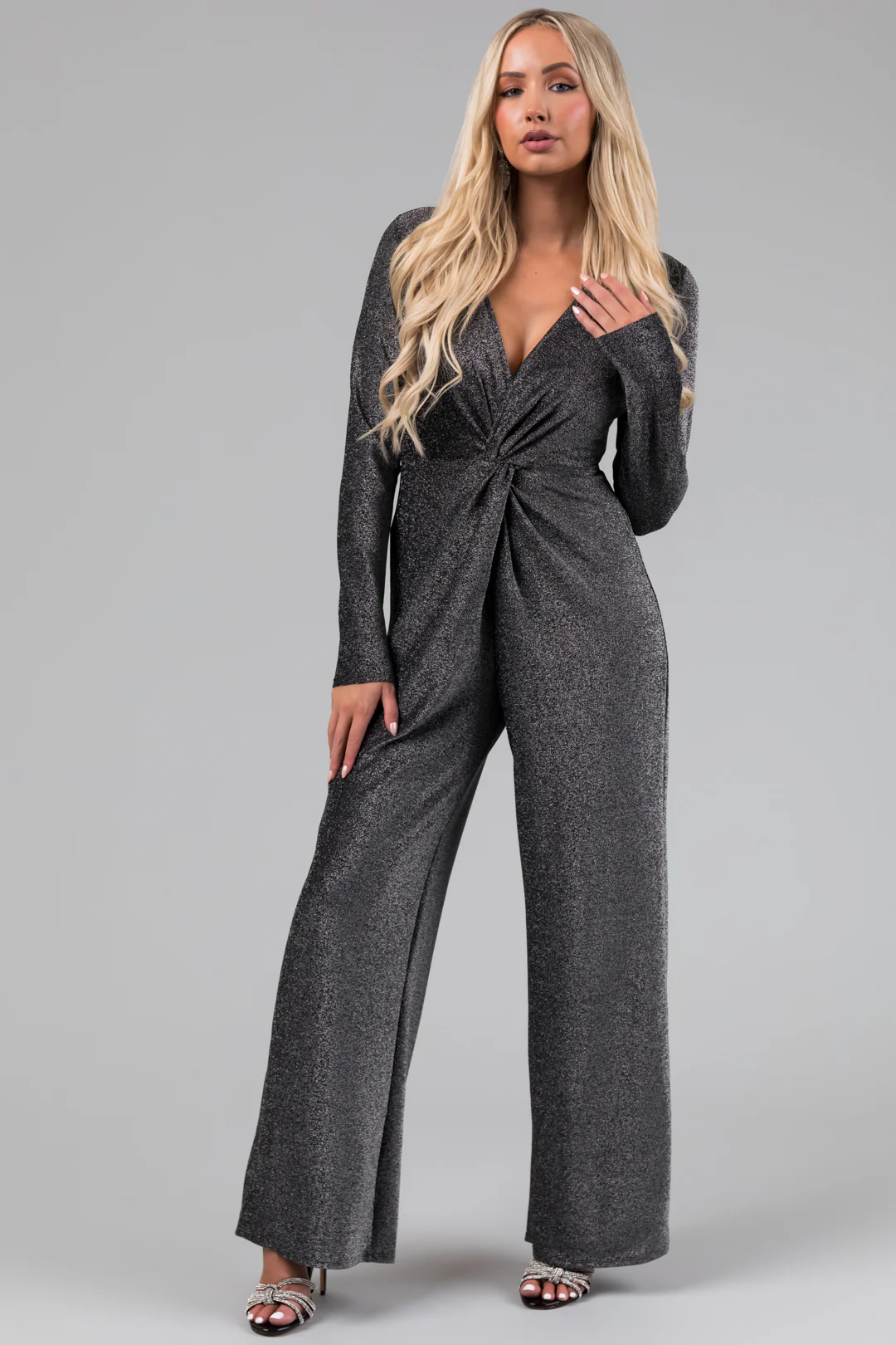 Silver Metallic Long Sleeve V Neck Jumpsuit - LD SALE