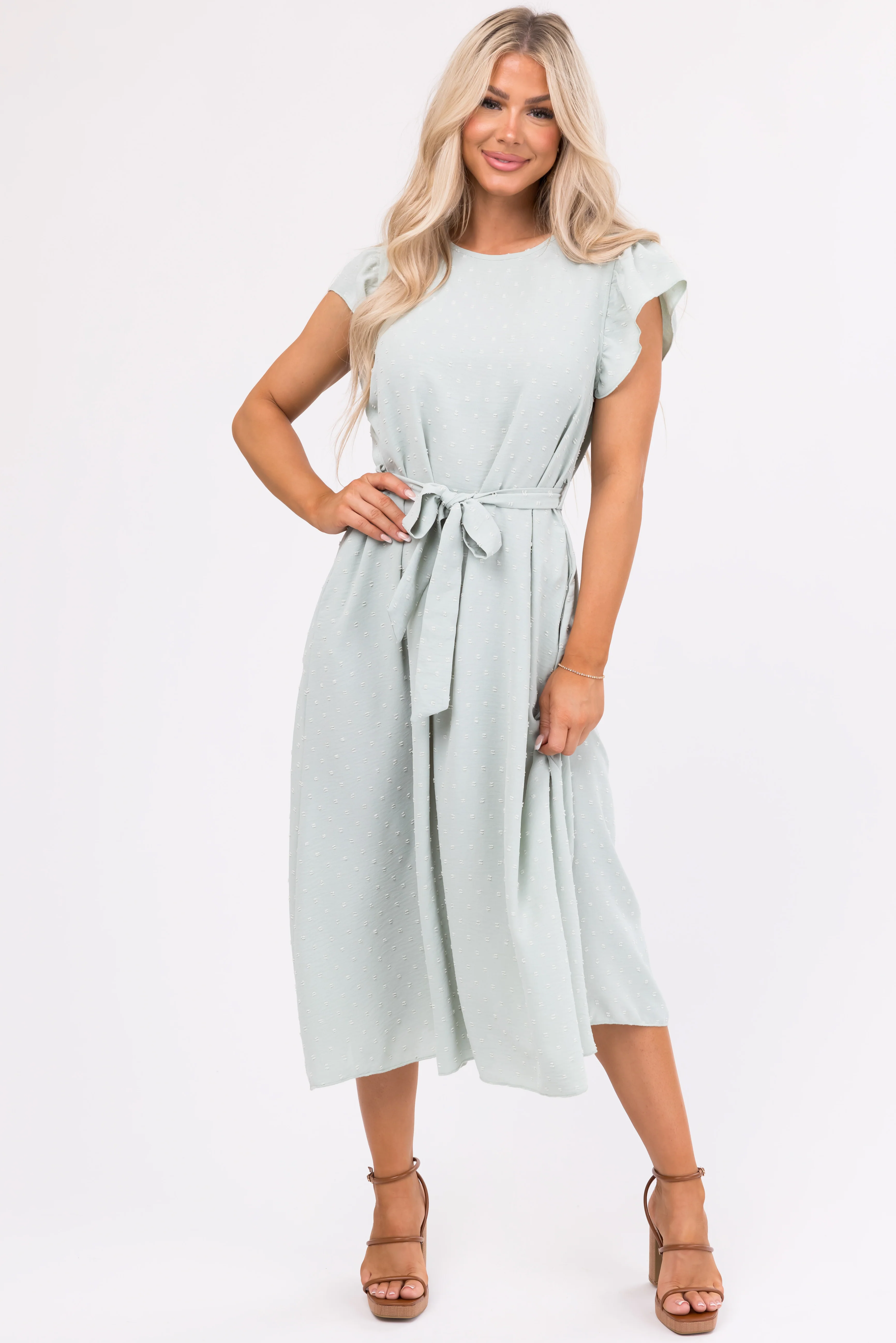 Mint Swiss Dot Short Ruffle Sleeve Midi Dress - LD SALE