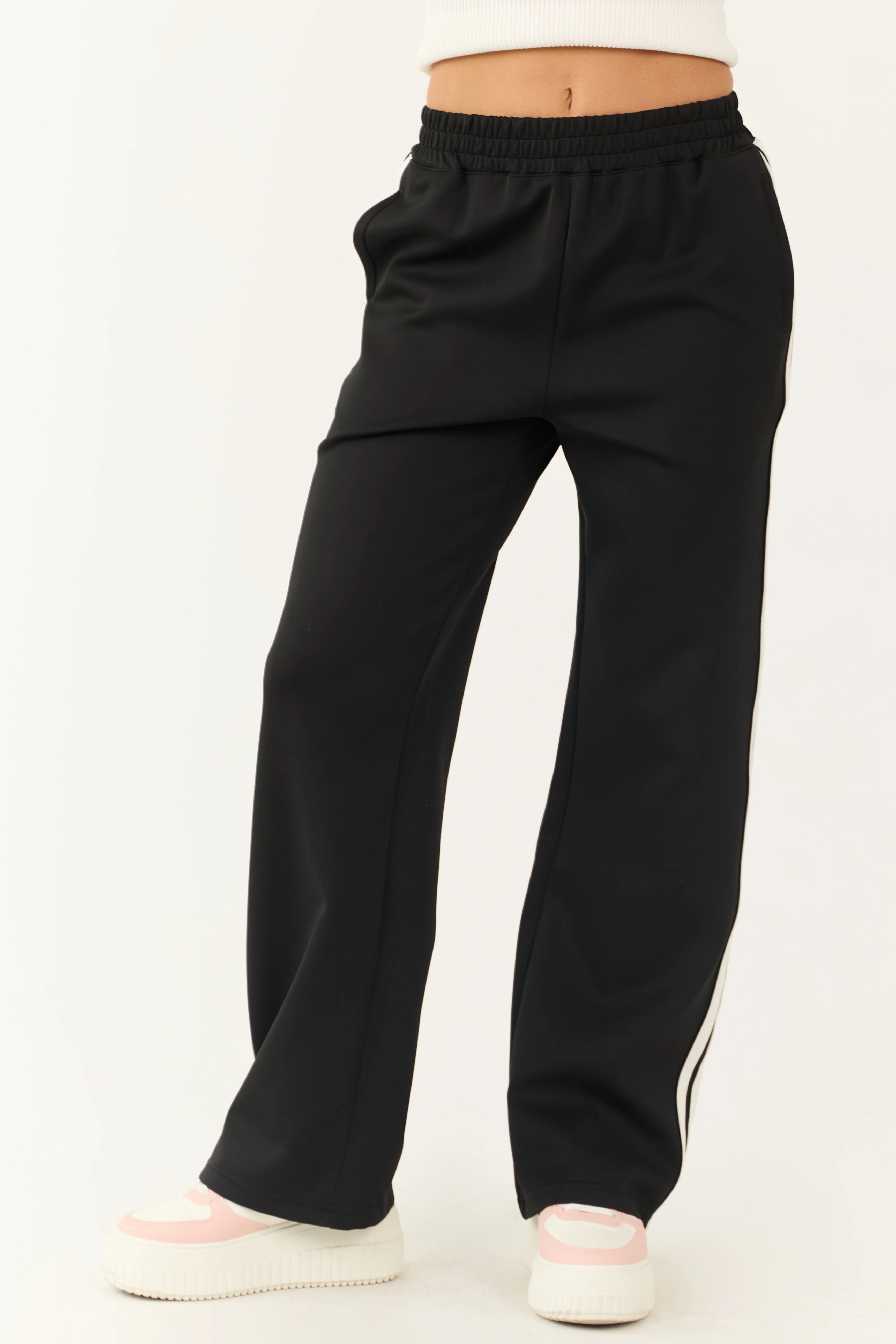 Black Wide Leg Side Stripe Detail Track Pants - LD SALE