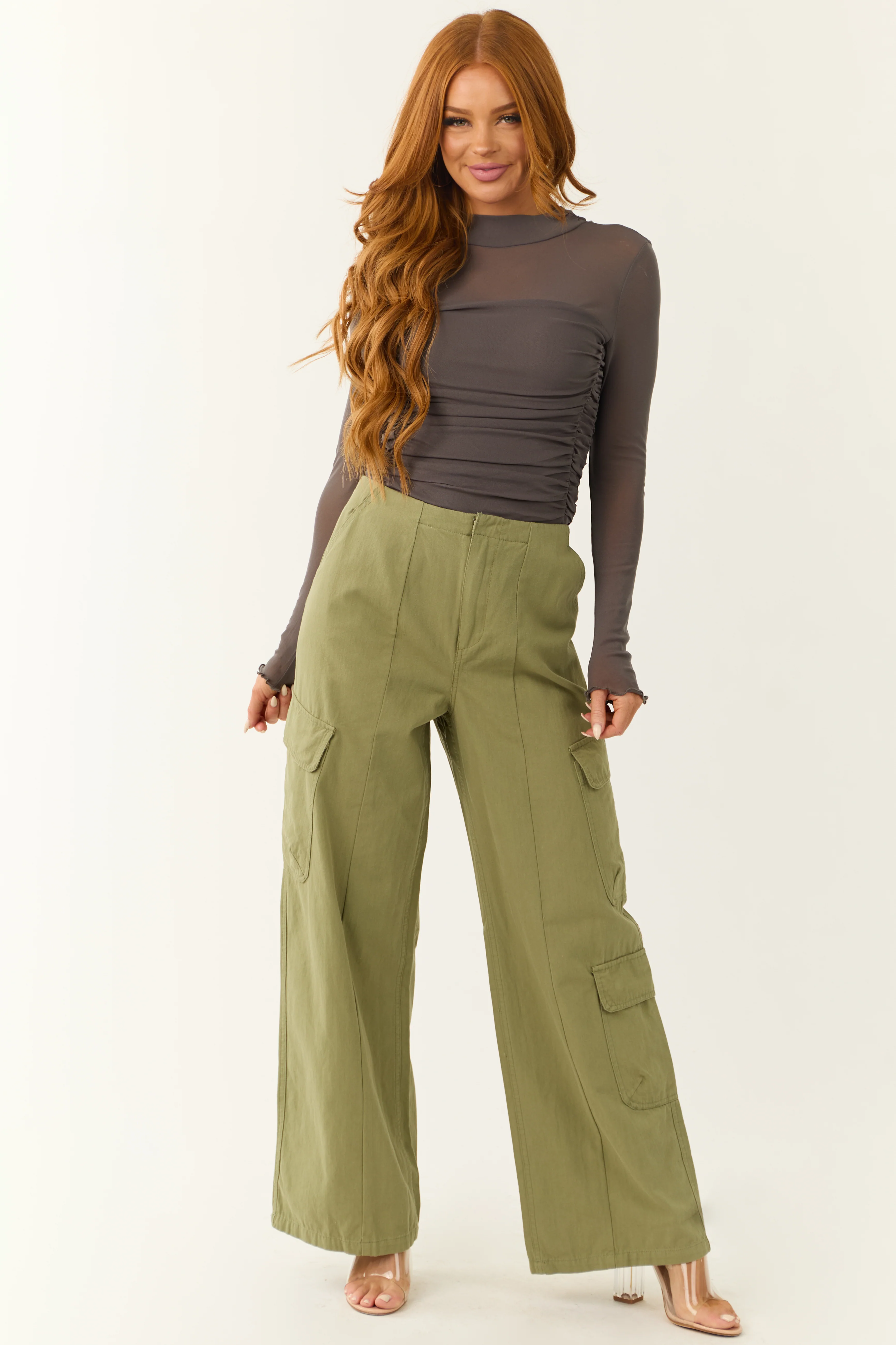 Pistachio Mid Rise Wide Leg Cargo Pants - LD SALE