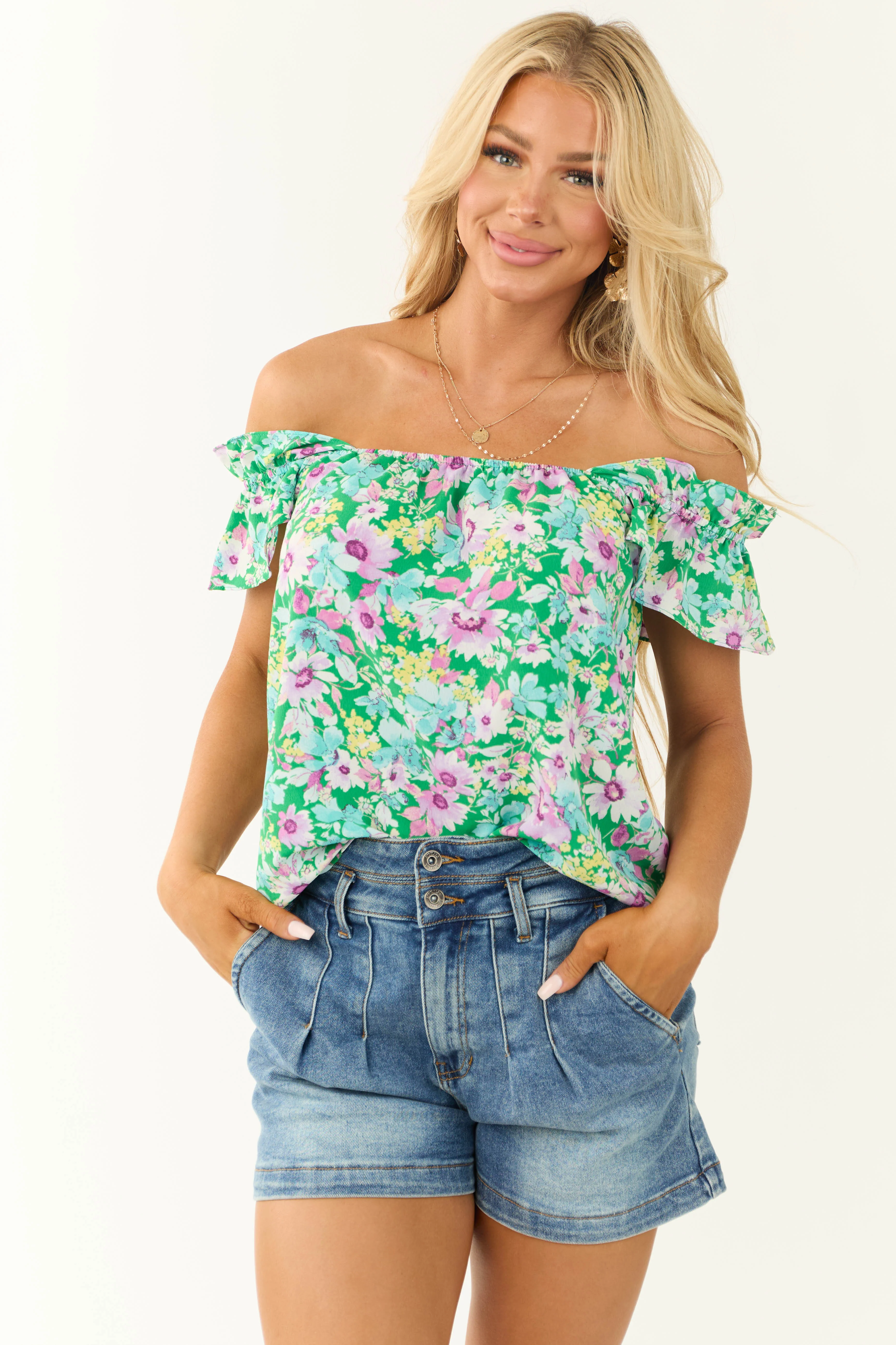 Kelly Green Floral Print Square Neck Blouse - LD SALE